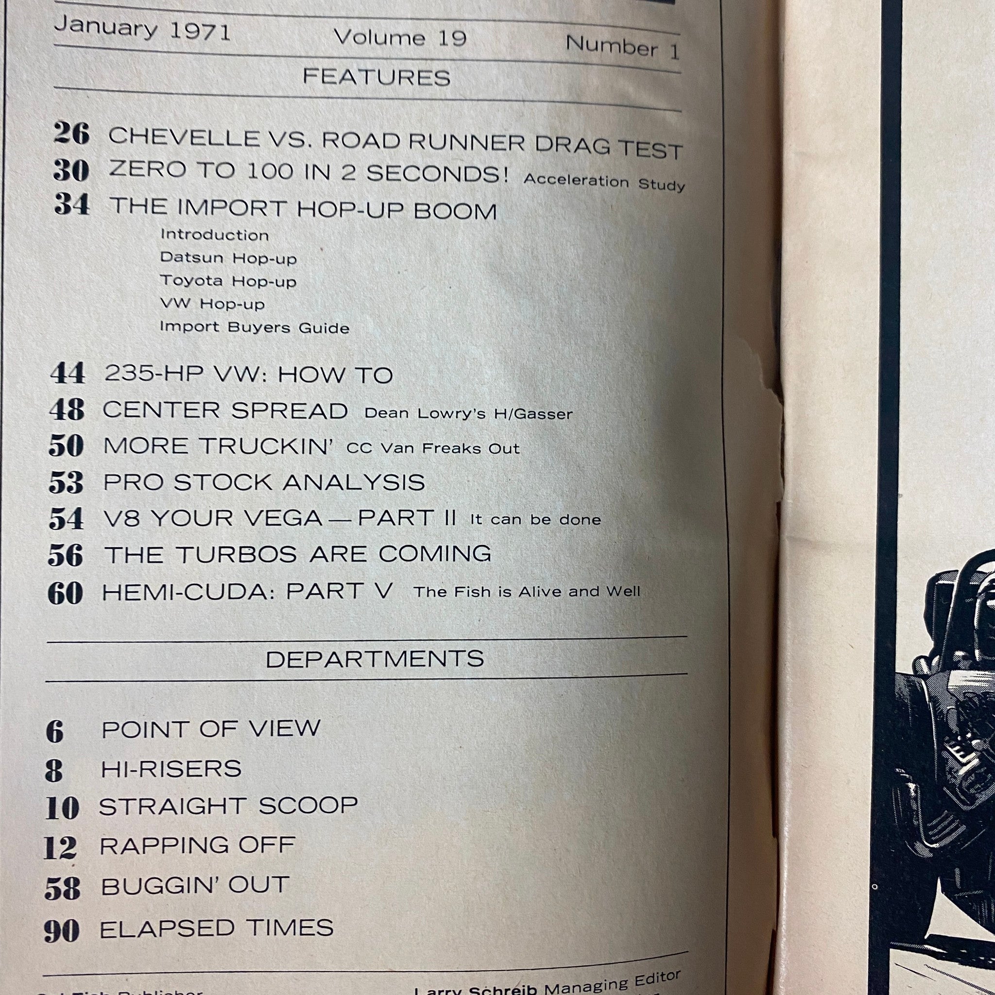 Contents page of Car Craft Magazine, January 1971, Vol. 19, No. 1, highlighting features including Chevelle vs Road Runner drag test and Zero to 100 in two seconds.