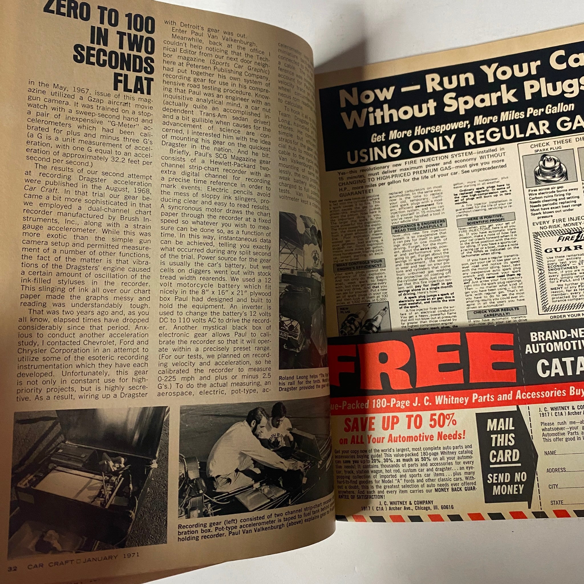 Article page from Car Craft Magazine, January 1971, Vol. 19, No. 1, discussing Zero to 100 in two seconds, showcasing performance testing in automotive engineering.