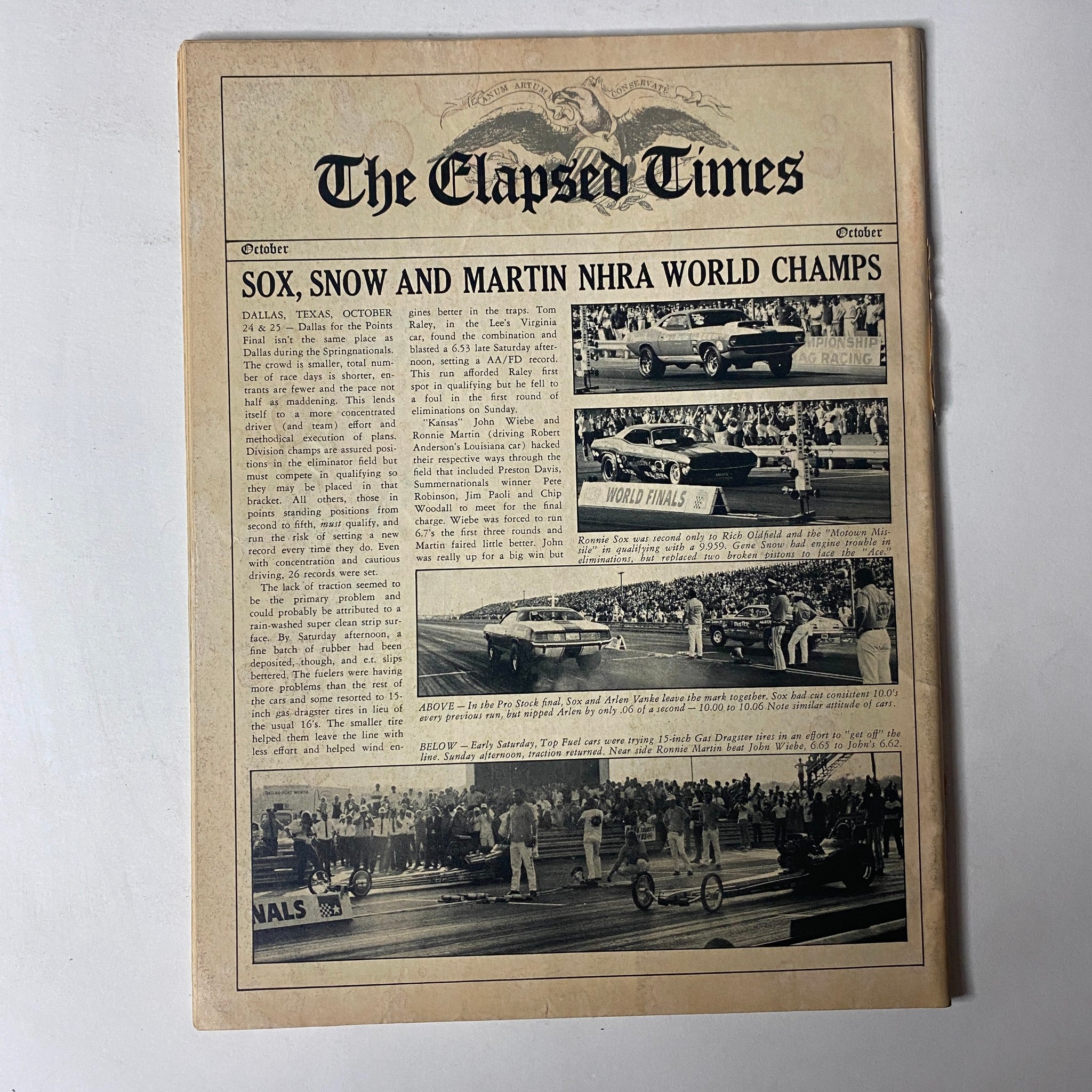 Front page of The Elapsed Times newspaper featuring drag racing coverage, specifically highlighting Sox, Snow, and Martin as NHRA World Champions. Relevant to Car Craft Magazine – January 1971 – Vol. 19 No. 1 – Chevelle vs. Road Runner Drag Test.