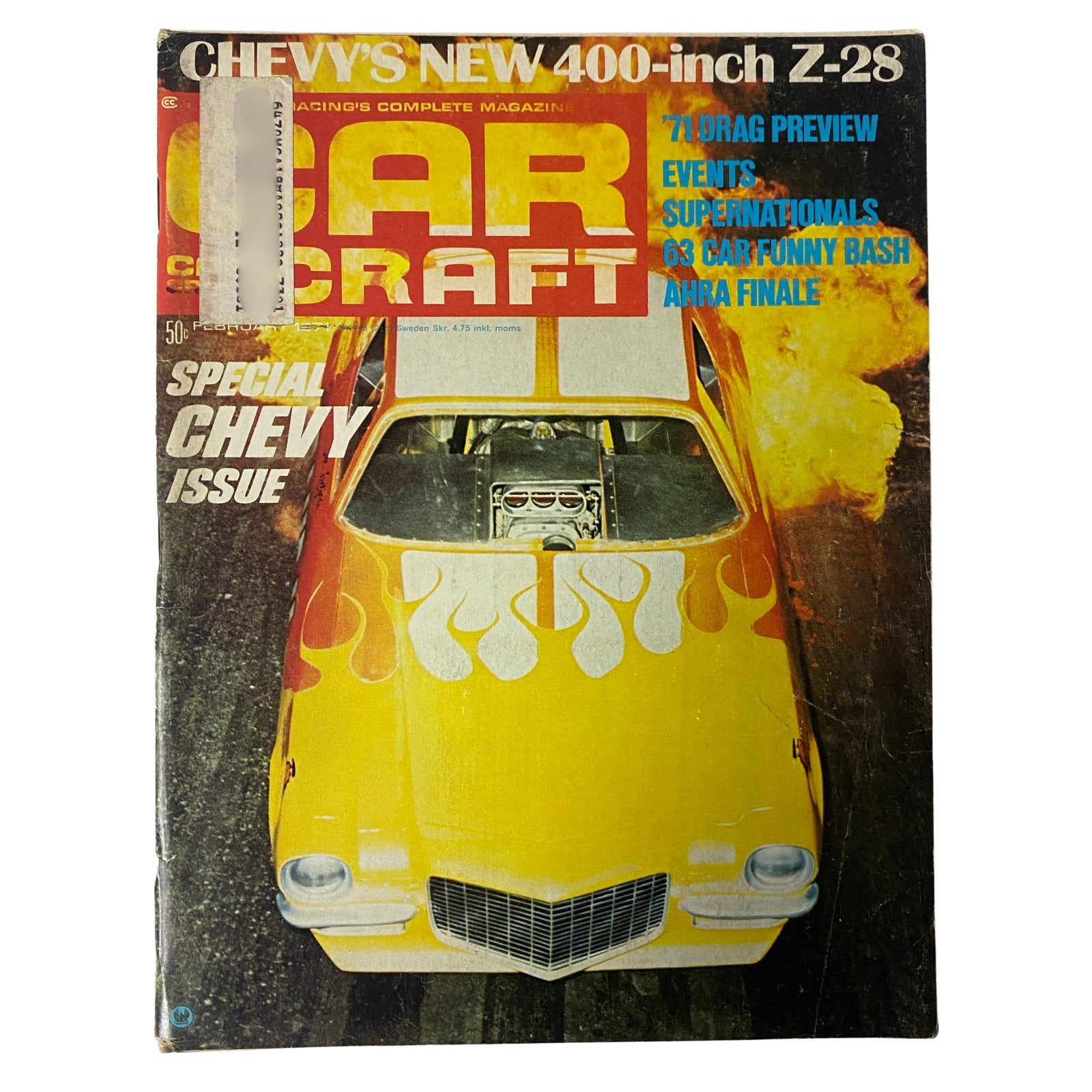 Cover of Car Craft Magazine February 1971 Vol 19 No. 2 featuring '71 Drag Racing Preview and a yellow Chevy with flames.