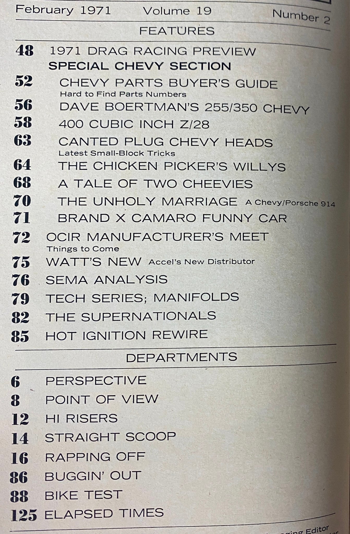 Table of contents from Car Craft Magazine February 1971 Vol 19 No. 2 listing features like Chevy Parts Buyer’s Guide and highlights on The Chicken Picker’s Willys.