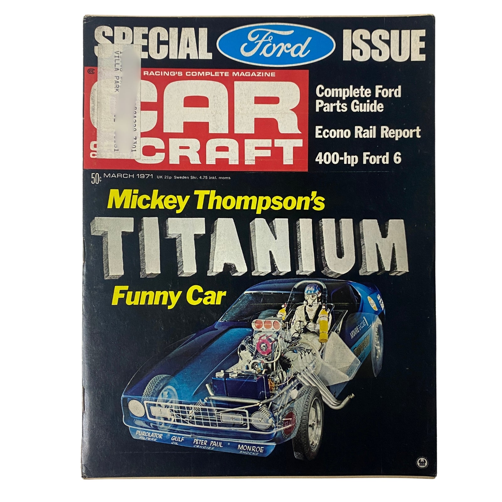 Car Craft Magazine March 1971 cover featuring Mickey Thompson's Titanium Funny Car, showcasing the innovative design and performance focus of the era.