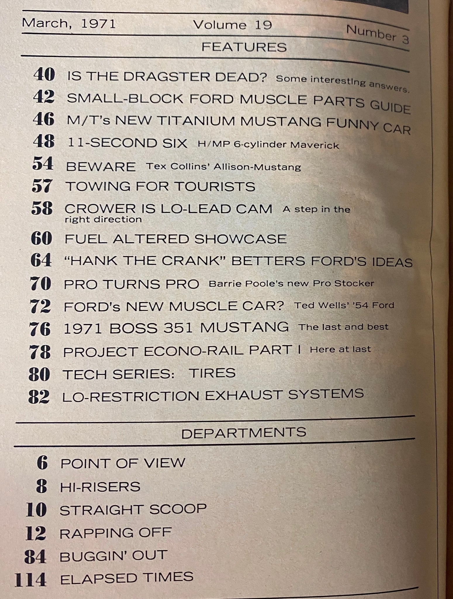 Inside page of Car Craft Magazine March 1971 outlining features and topics including 'Is the Dragster Dead?' and 'Small-Block Ford Muscle Parts Guide' in a vintage automotive magazine layout.