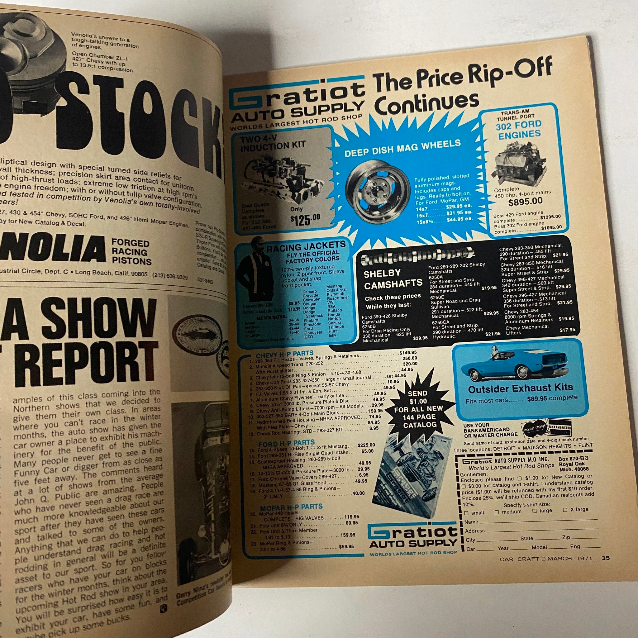 Advertisement page from Car Craft Magazine March 1971 promoting racing parts from Gratiot Auto Supply, highlighting the classic automotive aftermarket trends.