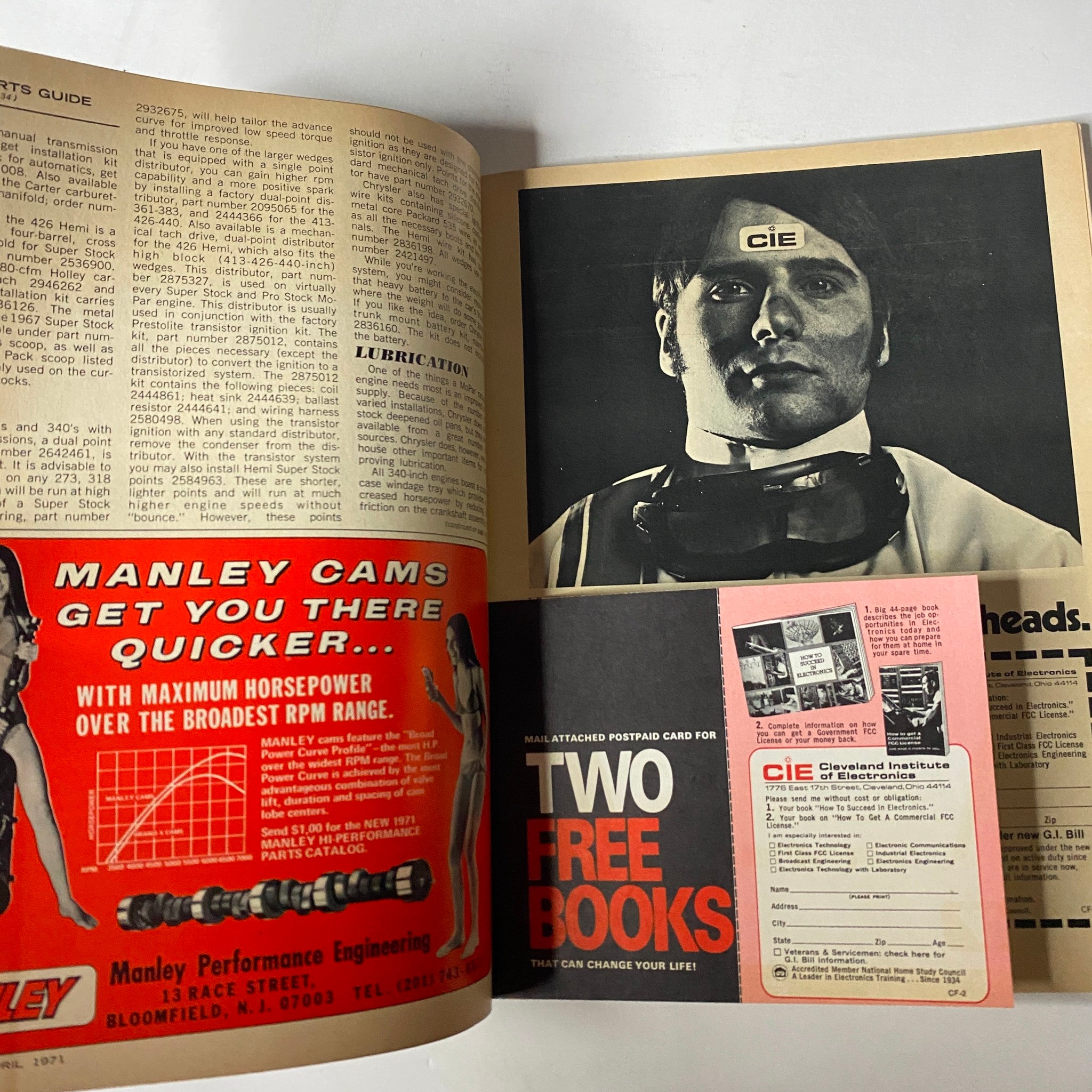 Close-up image of a vintage advertisement and article from Car Craft Magazine April 1971 Vol 19 No. 4, showcasing technical details and promotional content related to automotive performance.