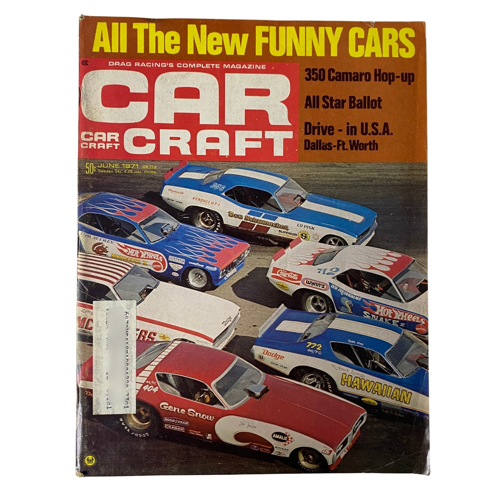 Cover of Car Craft Magazine June 1971 Vol 19 No 6 featuring '350 Camaro Hop-Up' and various Funny Cars, showcasing a vibrant design typical of the era.