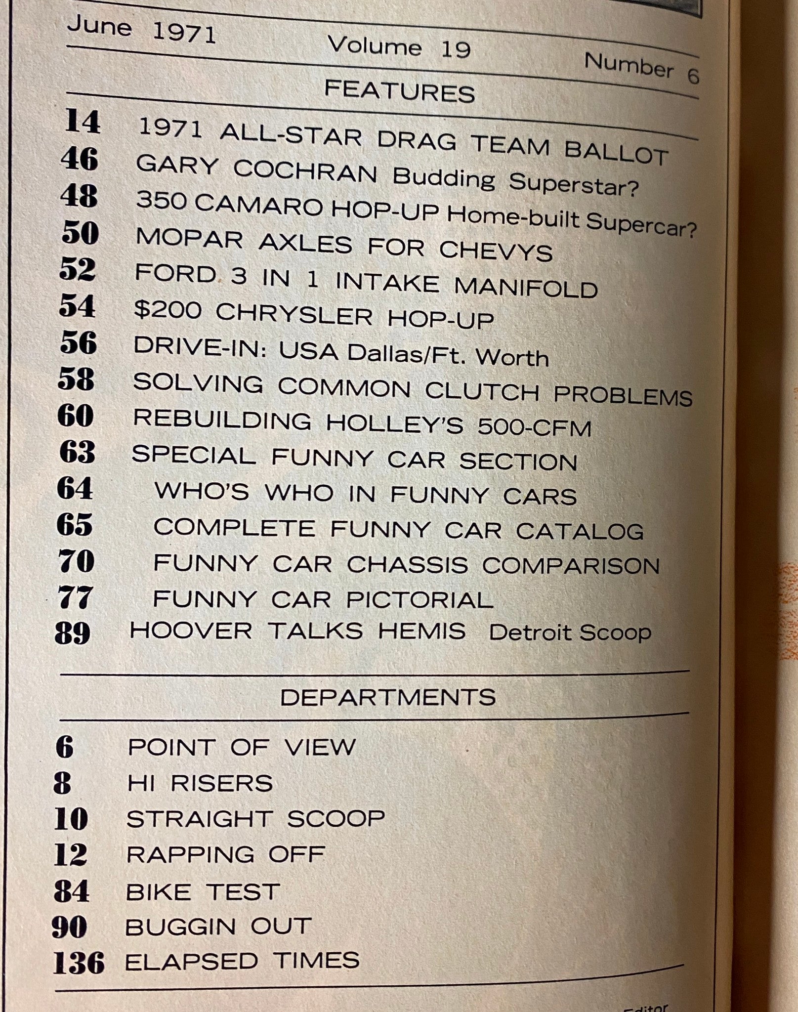 Table of contents for Car Craft Magazine June 1971 Vol 19 No 6 including features like '1971 All-Star Drag Team Ballot' and 'Gary Cochran Budding Superstar?'