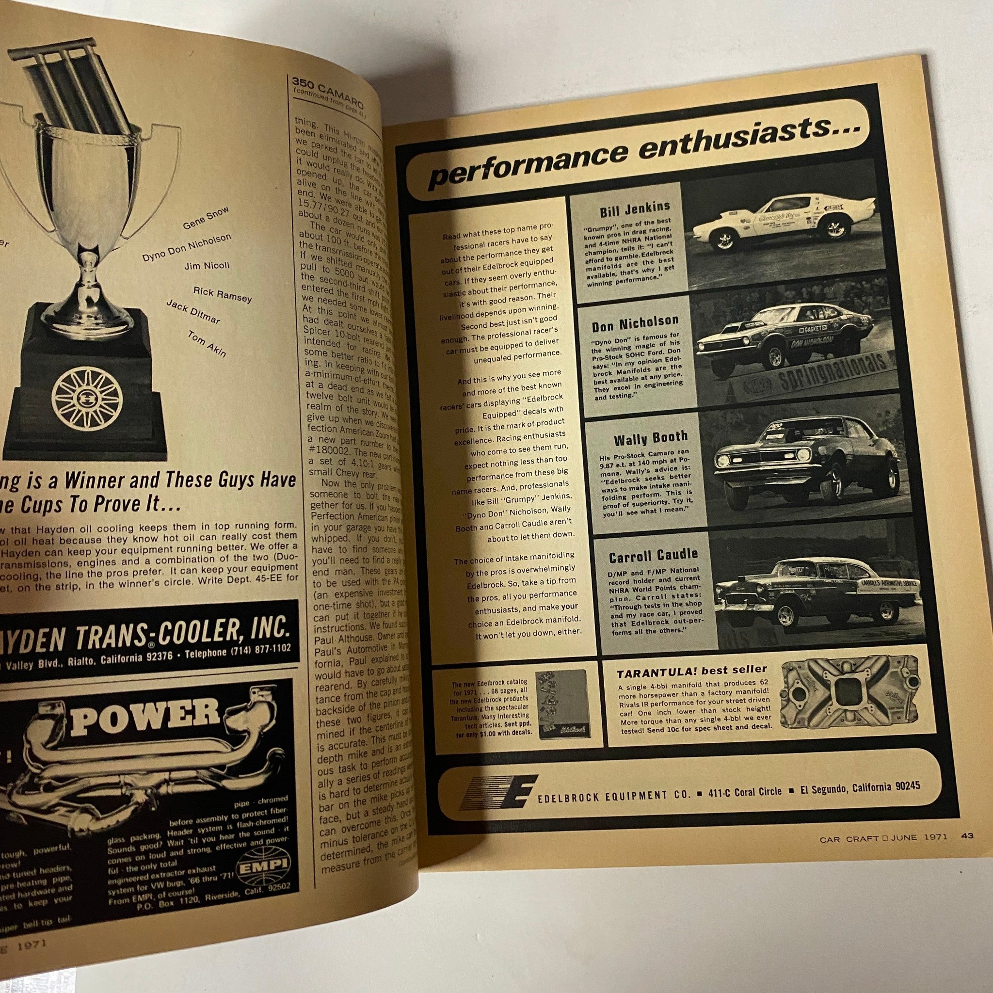 Page from Car Craft Magazine June 1971 featuring performance enthusiasts and a trophy, showcasing the world of motorsports and car culture.