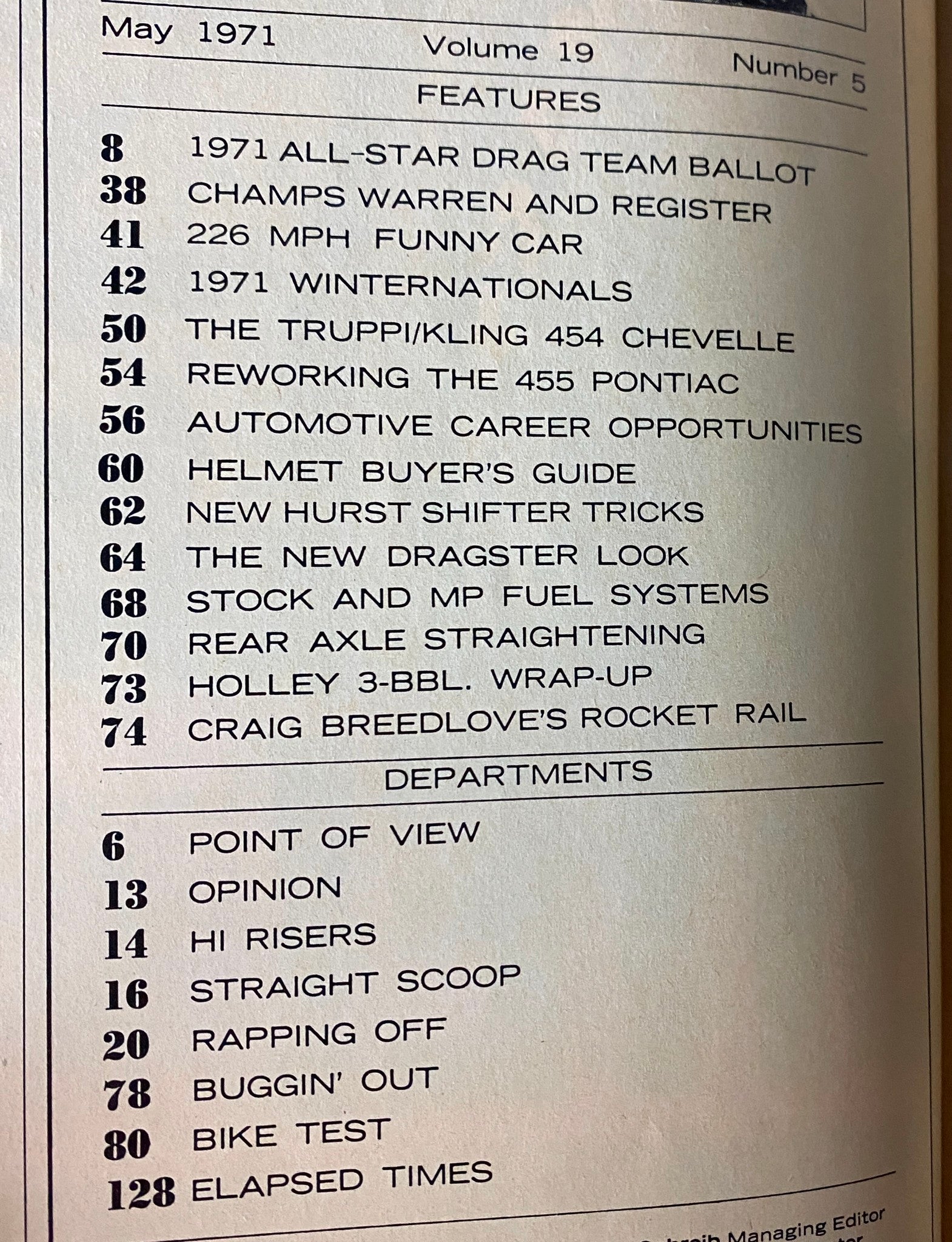 Table of contents from Car Craft Magazine May 1971 Vol 19 No. 5, listing features such as '226 MPH Funny Car' and 'Craig Breedlove’s Rocket Rail'.