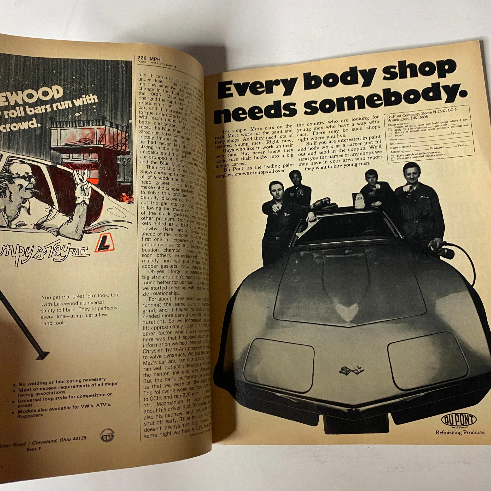 Interior page of Car Craft Magazine May 1971 Vol 19 No. 5, showcasing an advertisement with a Corvette and the text 'Every body shop needs somebody.'