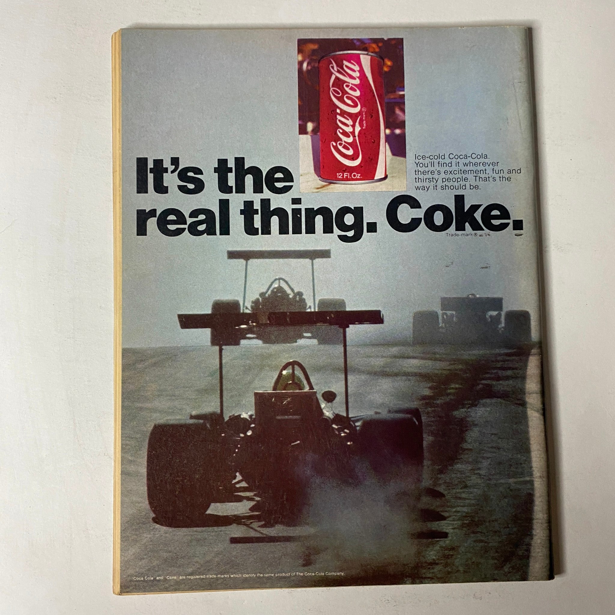 Car Craft Magazine May 1971 Vol 19 No. 5 featuring an iconic Coca-Cola advertisement with the tagline 'It's the real thing. Coke.' displayed on a backdrop of racing cars.