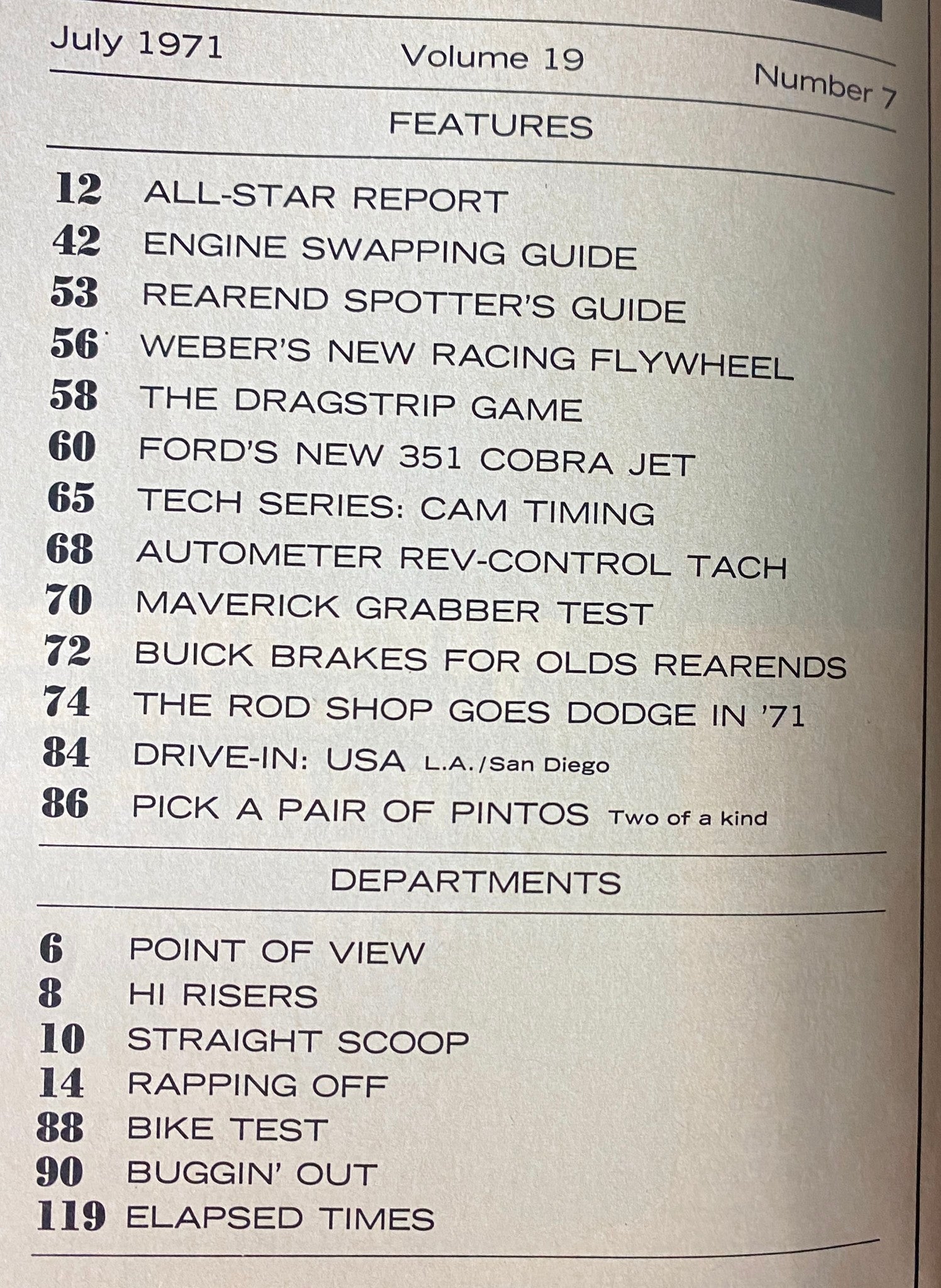 Table of contents from Car Craft Magazine July 1971, Vol 19 No. 7, outlining featured articles including All-Star Report, Engine Swapping Guide, and Ford's New 351 Cobra Jet.