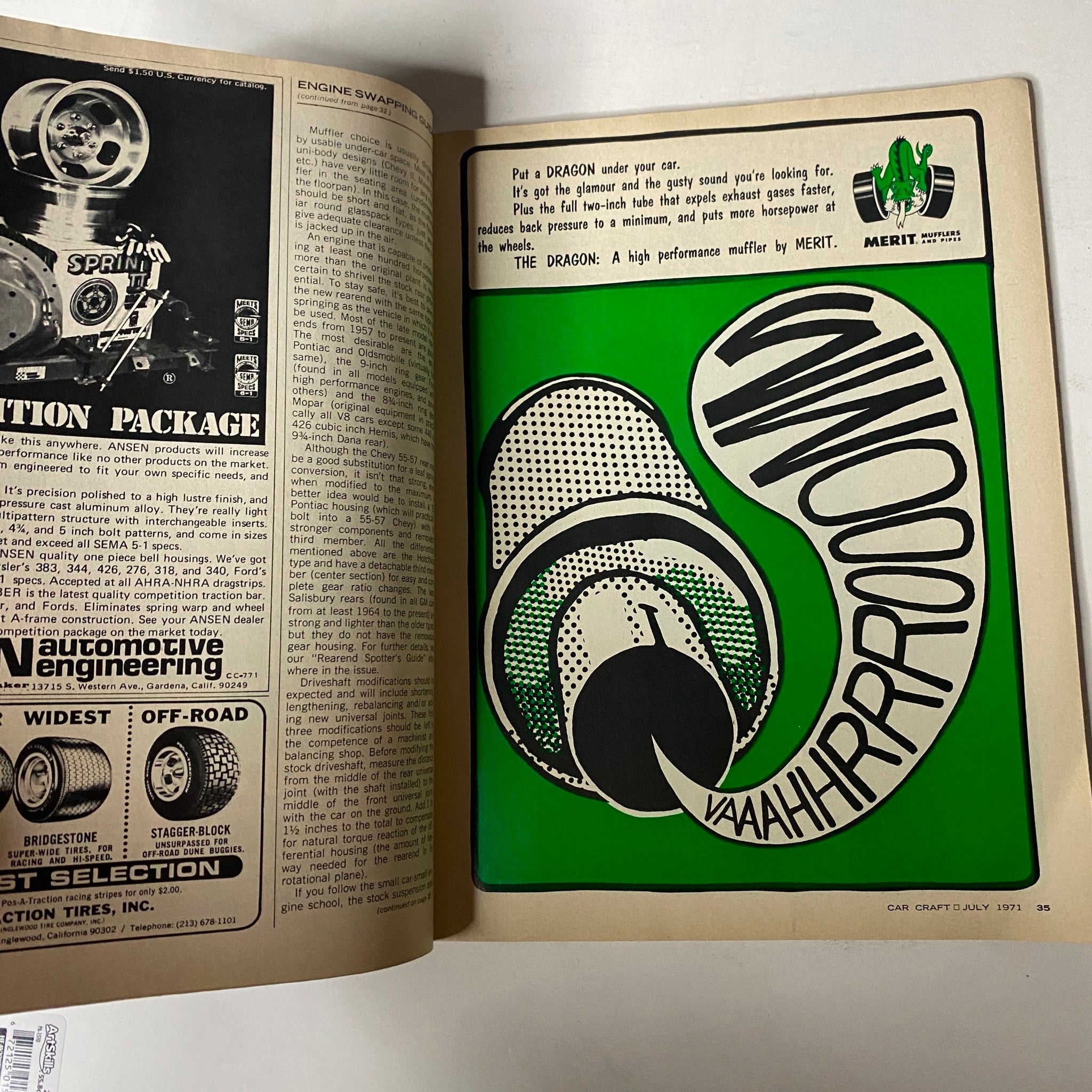 Interior page from Car Craft Magazine July 1971, Vol 19 No. 7 displaying an advertisement for a high-performance muffler, emphasizing automotive engineering.