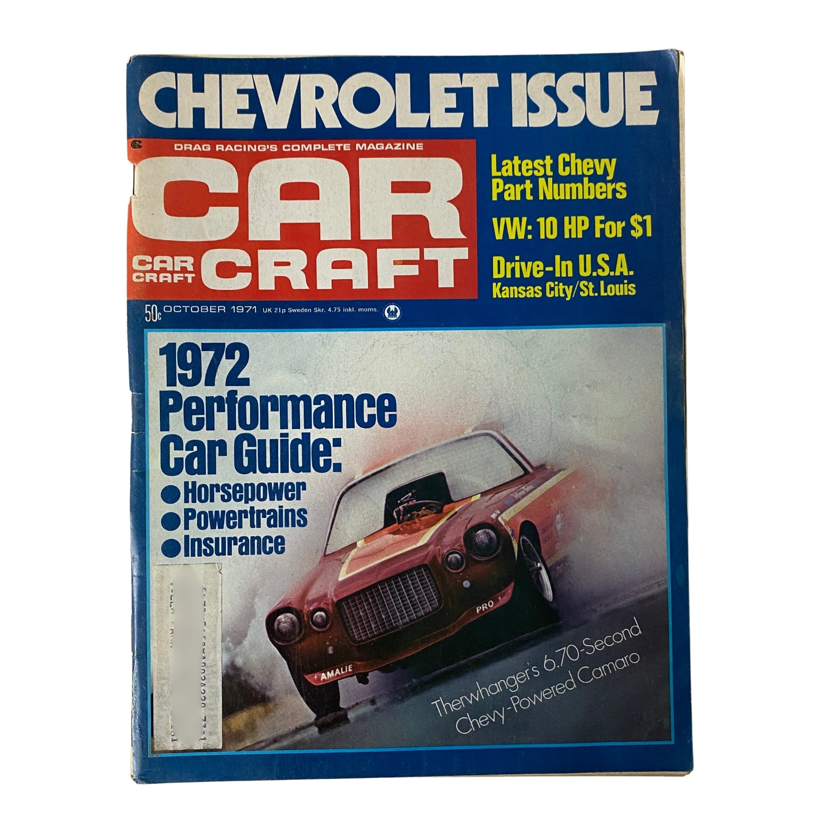 Car Craft Magazine October 1971 Vol 19 No. 10 featuring a bold cover design showcasing a vintage Chevrolet performance car, highlighting the issue's focus on 1972 performance cars, horsepower, and racing culture.