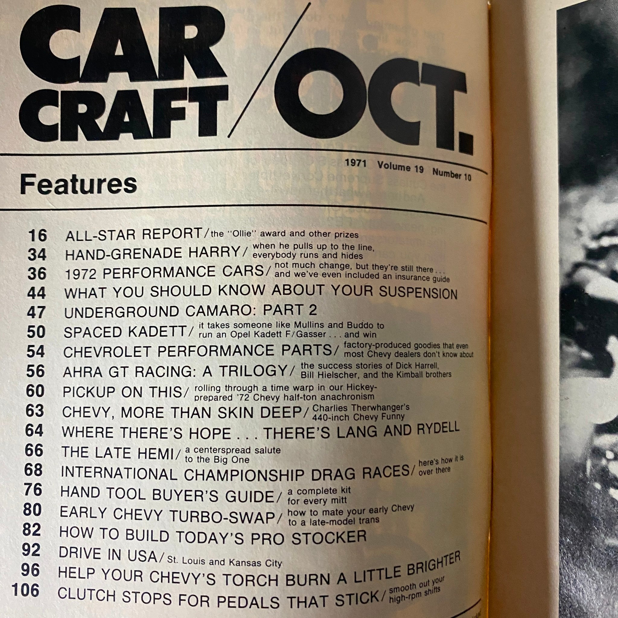Table of contents from Car Craft Magazine October 1971 Vol 19 No. 10, detailing key features including racing legends, technical insights on performance cars, and articles about suspension, turbo-swaps, and drag racing.