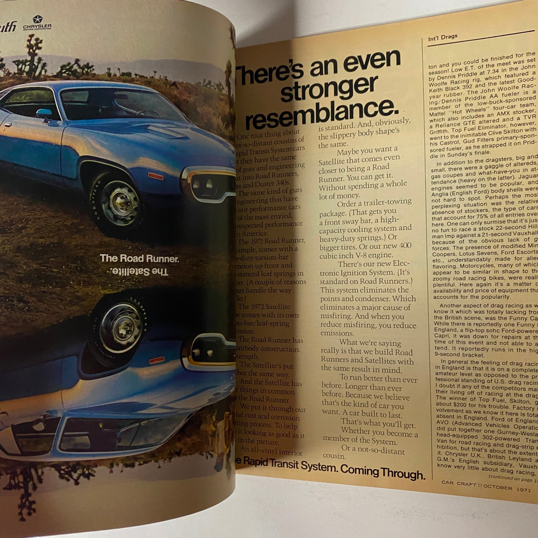 Car Craft Magazine October 1971 Vol 19 No. 10 features an image of a blue Road Runner car reflecting its surroundings, epitomizing the muscle car culture highlighted in this issue.