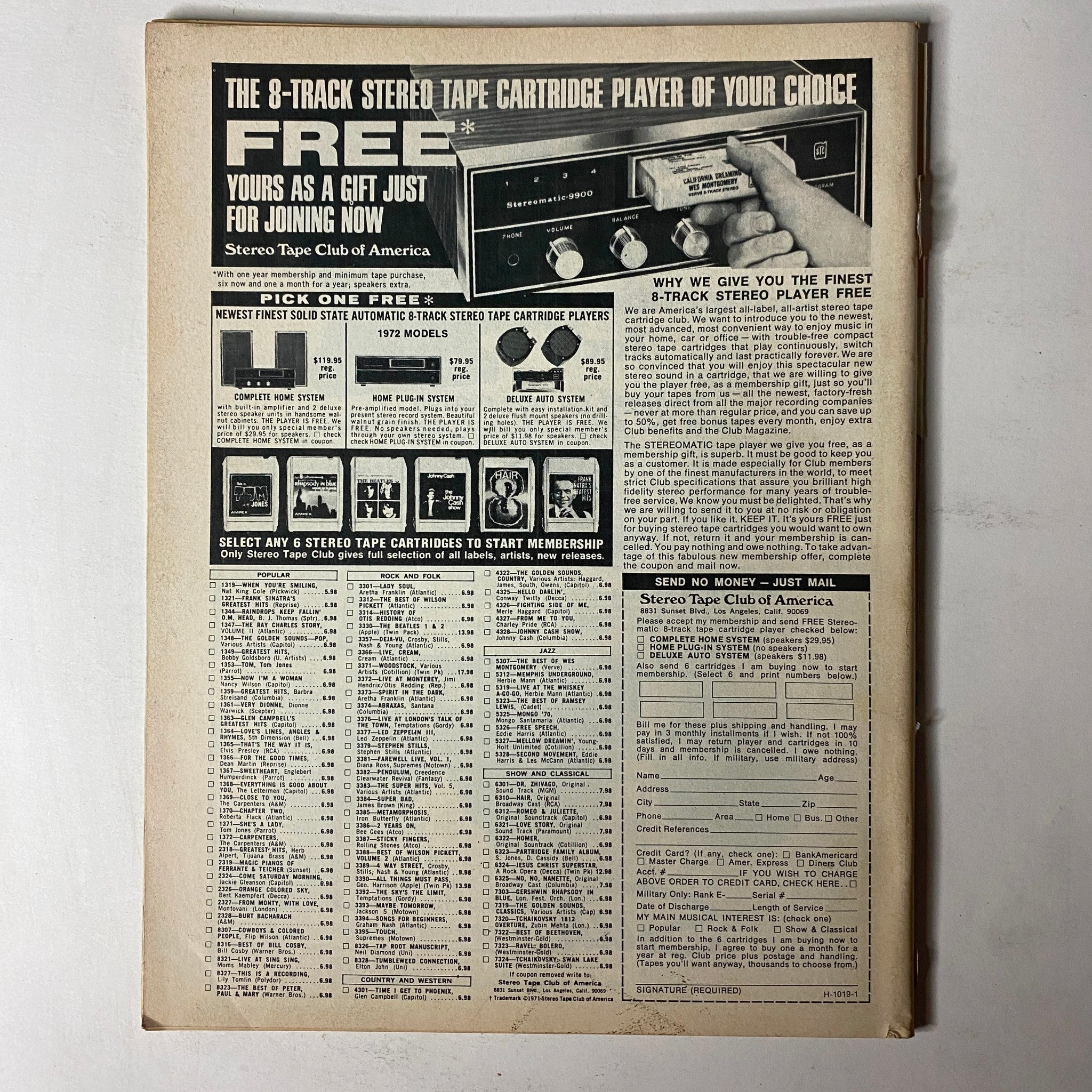 Car Craft Magazine October 1971 Vol 19 No. 10 includes an advertisement for an 8-track stereo tape cartridge player, showcasing promotional offers and features relevant to automotive enthusiasts.