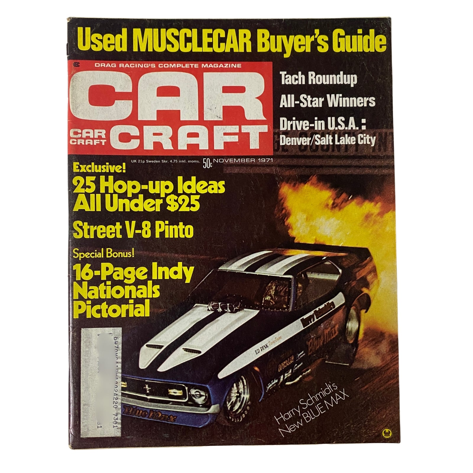 Cover of Car Craft Magazine November 1971 Volume 19 Number 11 featuring Harry Schmidt's New Blue Max Funny Car, with highlights on drag racing, a used musclecar buyer's guide, and performance upgrades.
