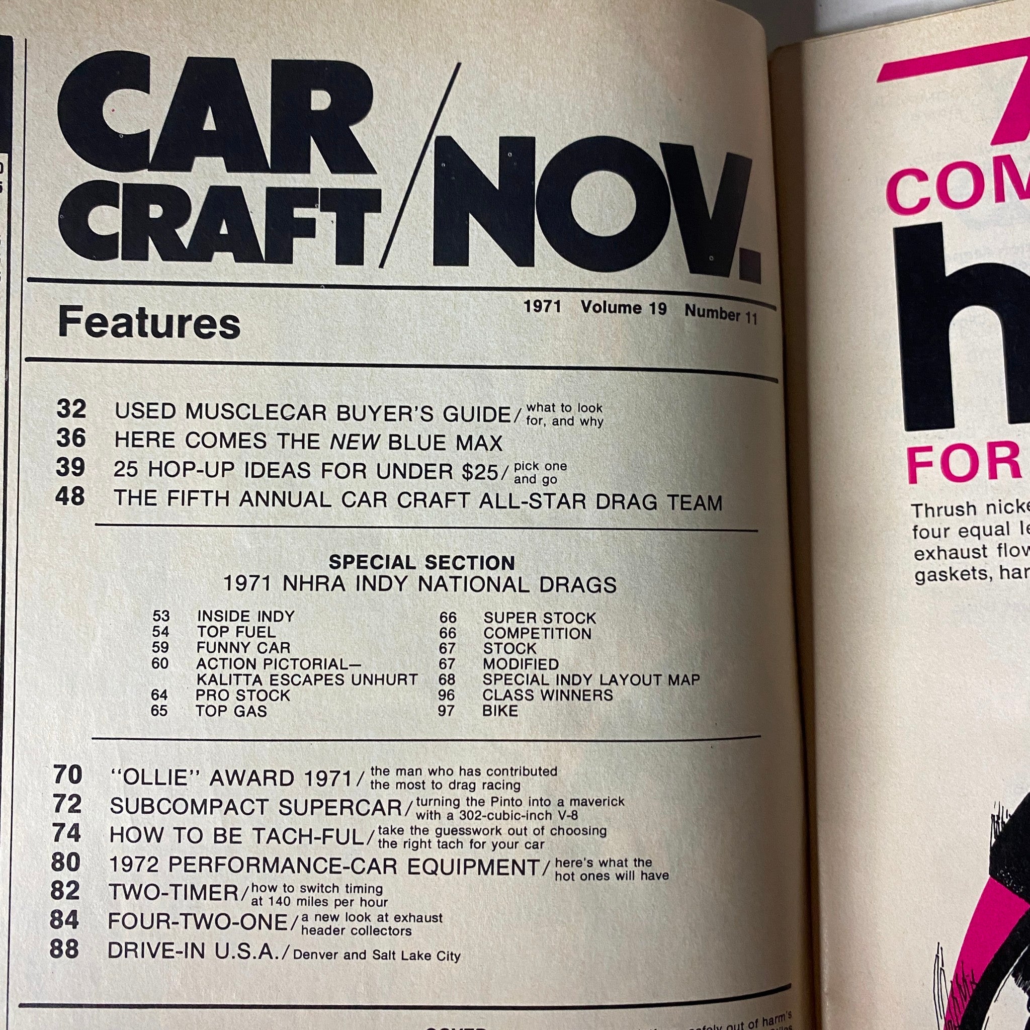 Table of contents from Car Craft Magazine November 1971 Volume 19 Number 11, listing features like the used musclecar buyer's guide, NHRA Indy Nationals coverage, and performance upgrade ideas.