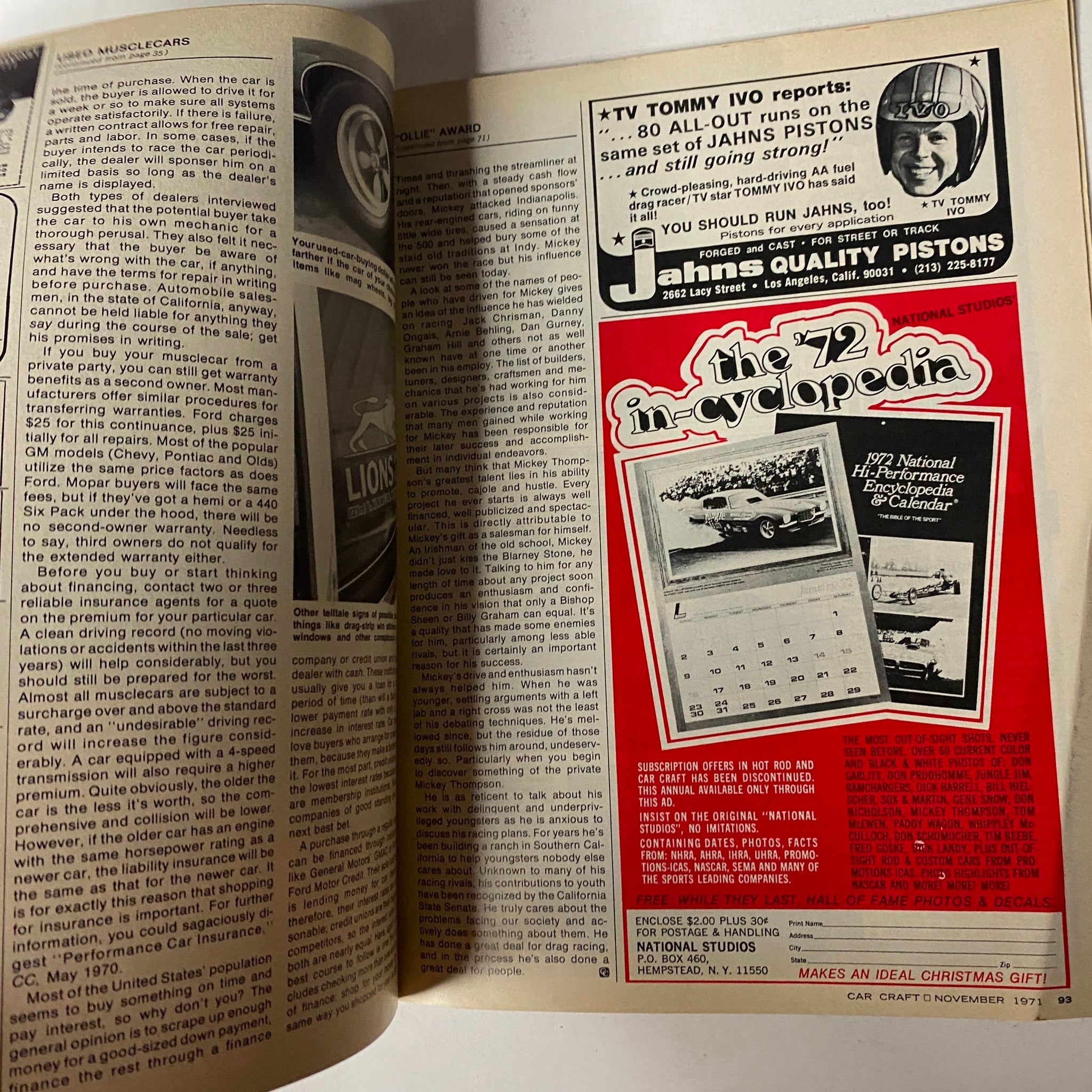 Inside page from Car Craft Magazine November 1971 Volume 19 Number 11, displaying ads and additional features related to muscle cars and drag racing insights.