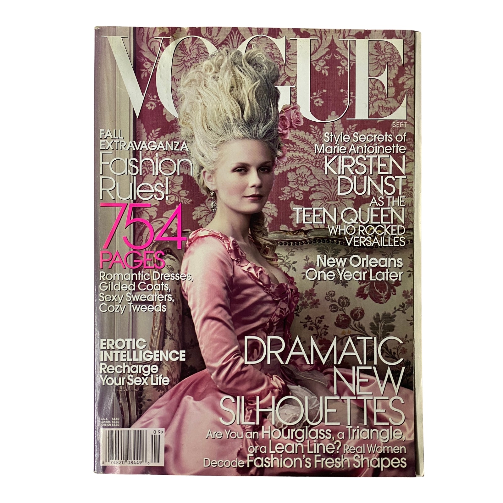 Vogue Magazine September 2006 cover featuring Kirsten Dunst in an elegant pink gown with elaborate hair, highlighting the theme 'Fashion Rules!' and showcasing the issue's contents including cultural insights and fashion trends.