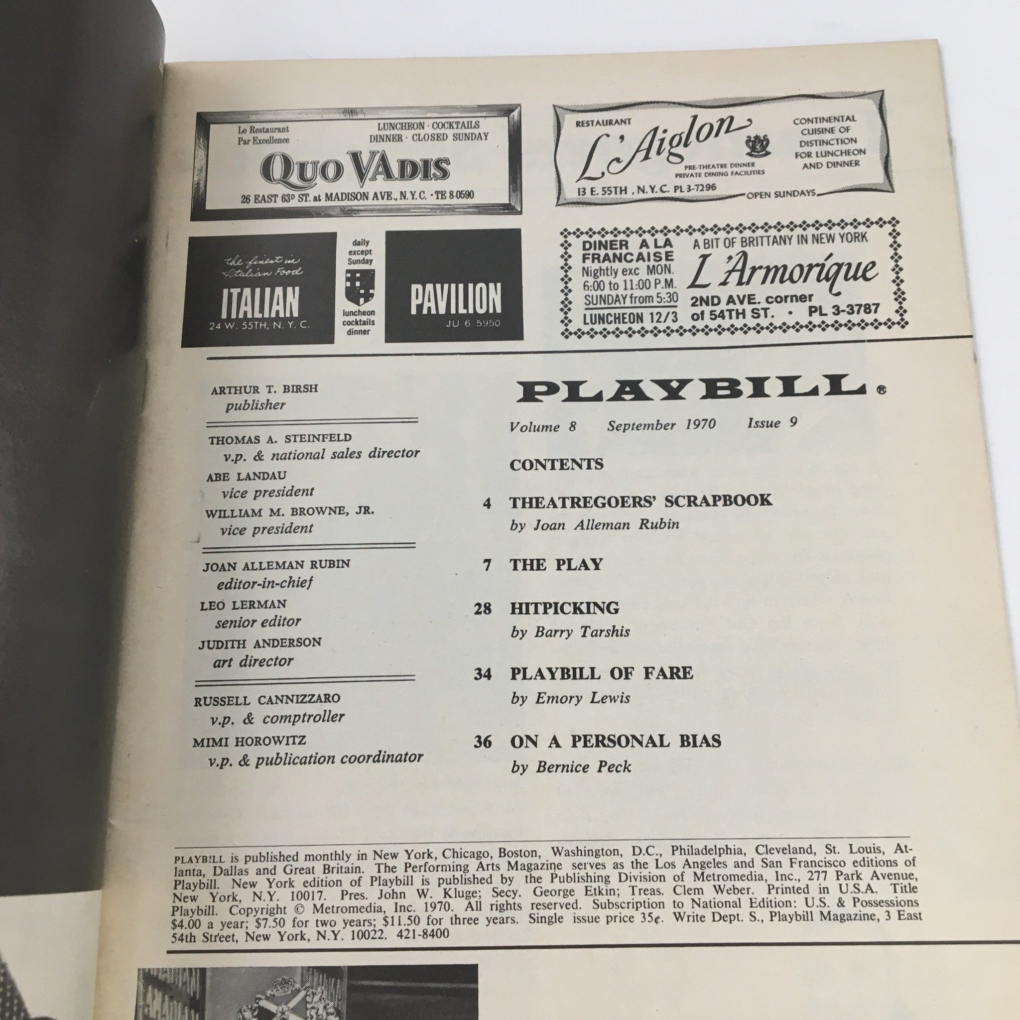 1970 Playbill Alvin Theatre Present Company A Musical Comedy by Harold Prince