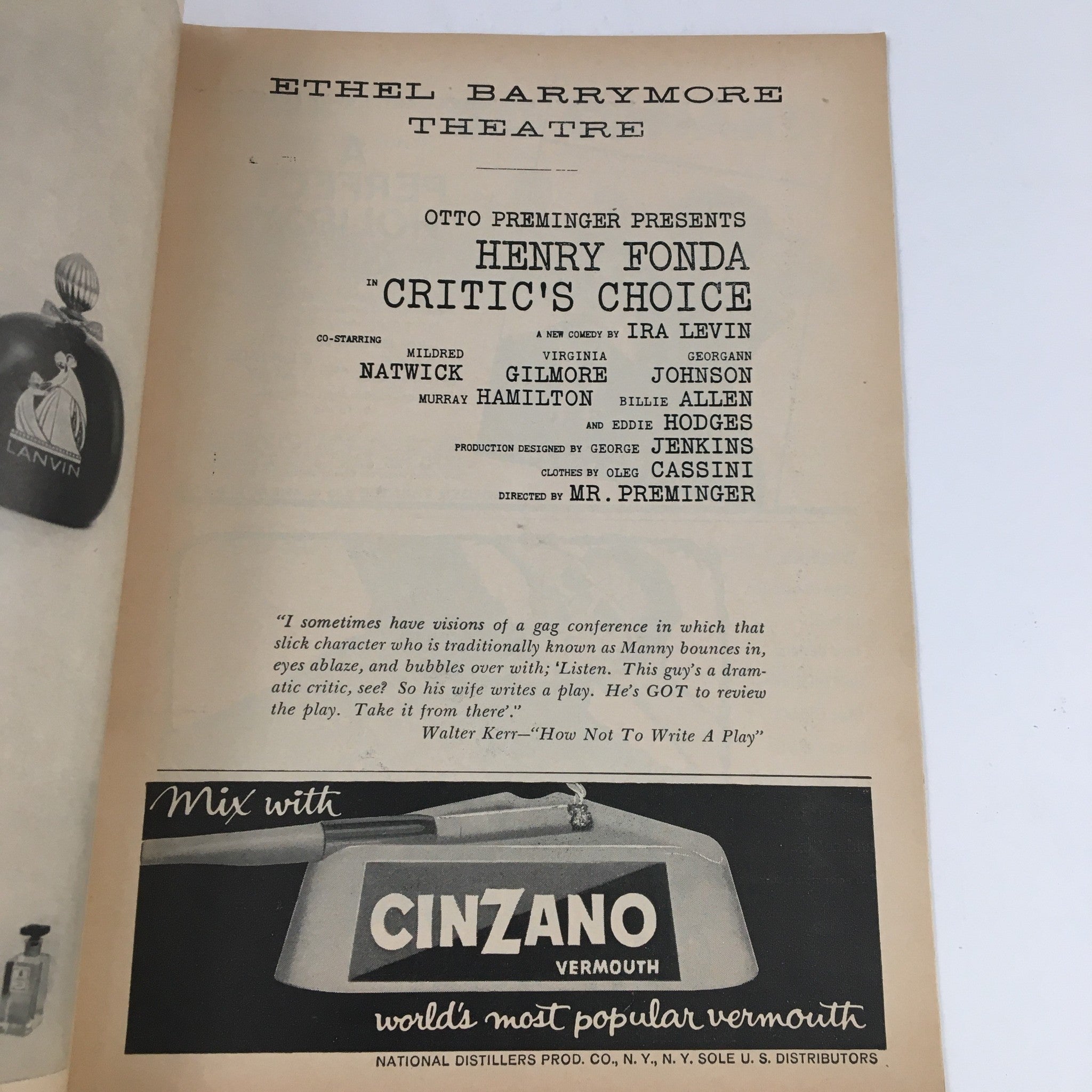 1960 Playbill Ethel Barrymore Theatre Otto Reminger Present Critic's Choice