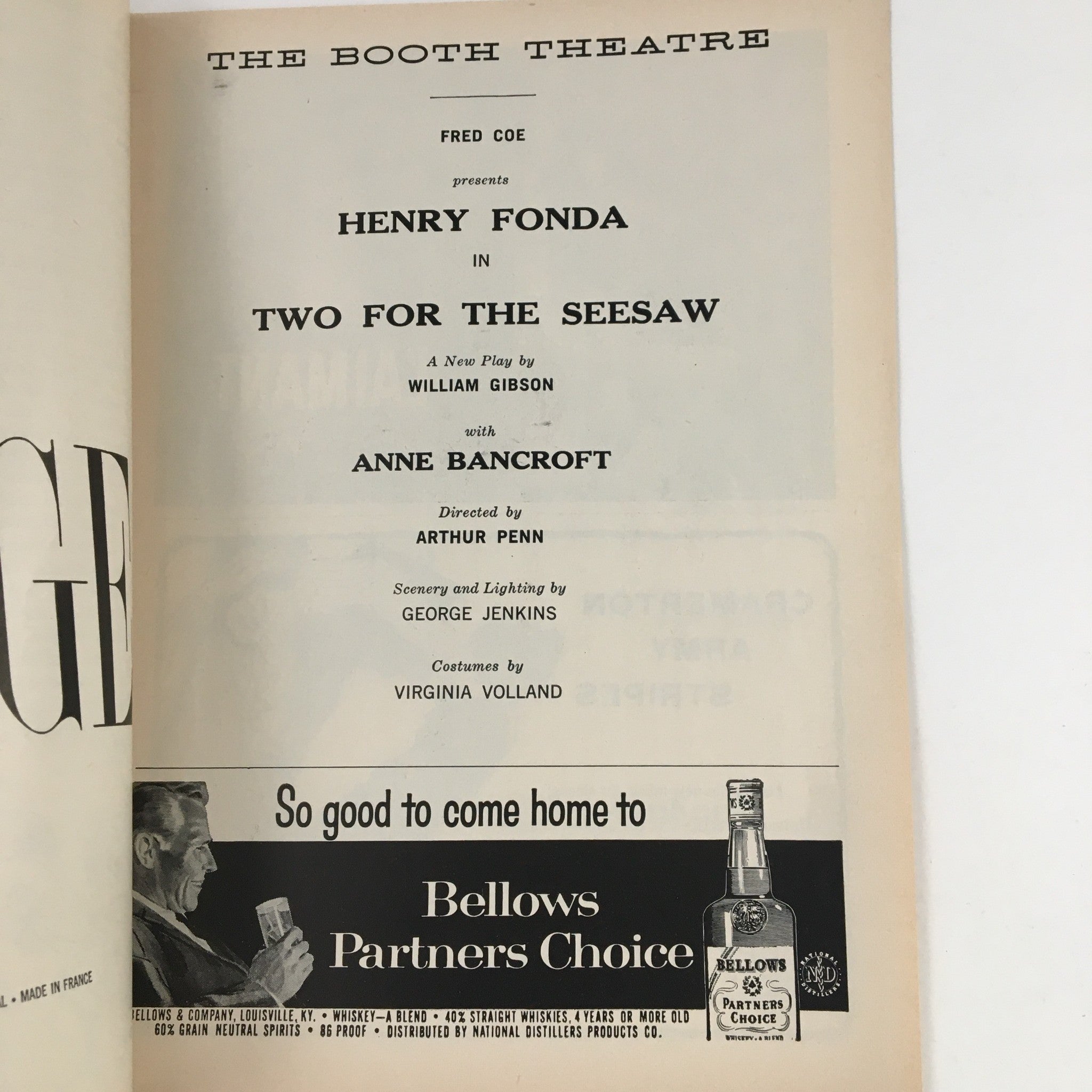 1958 Playbill The Booth Theatre Presents Henry Fonda in Two For The Seesaw