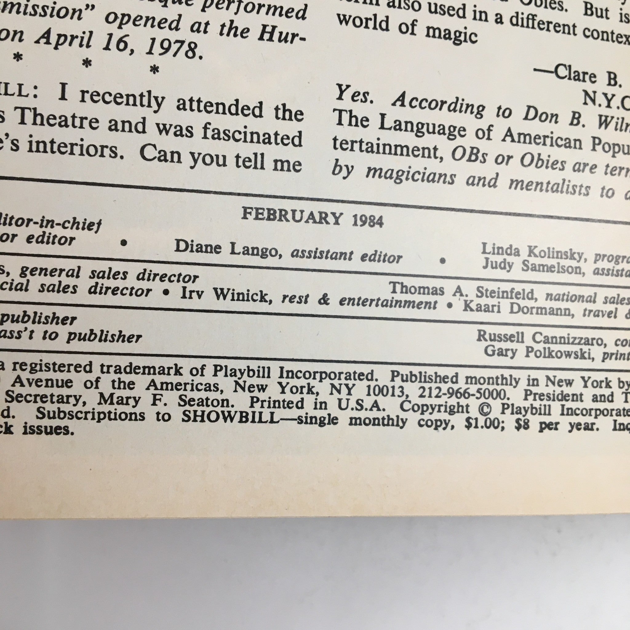 1984 Showbill Playwright Horizons Presents Isn't It Romantic by Wendy Wassertein