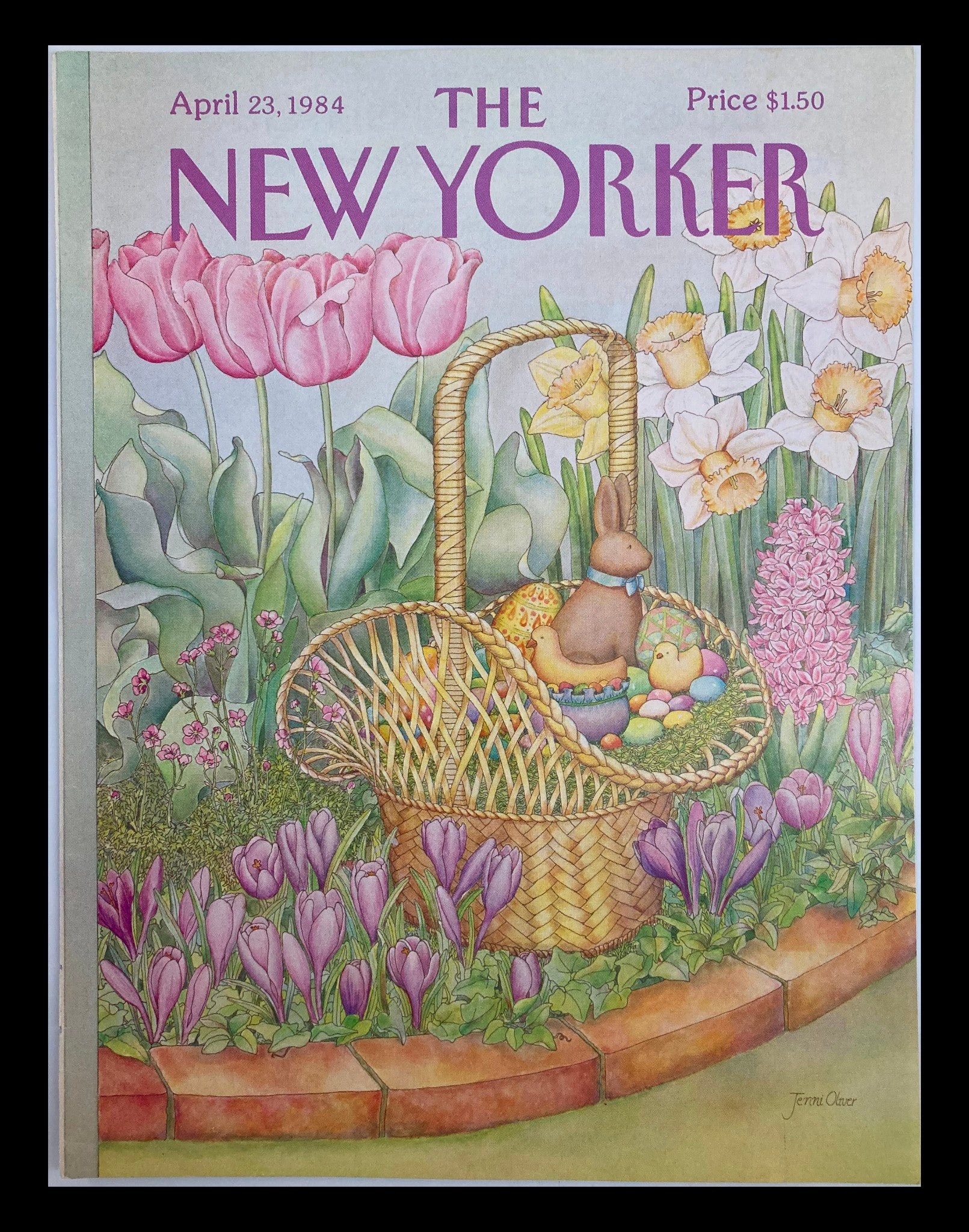 ?"COVER ONLY The New Yorker April 23 1984 Easter Bunny Basket by Jenni Oliver