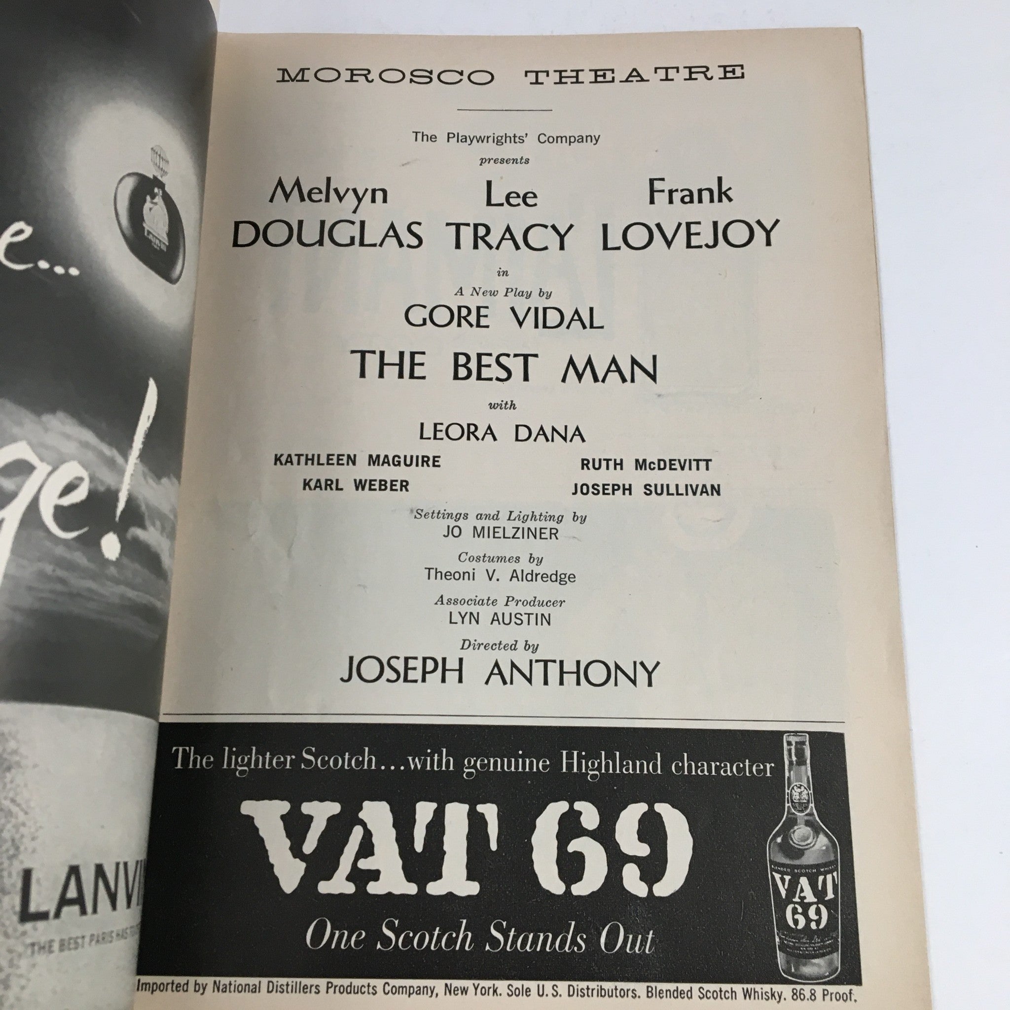 1960 Playbill Morosco Theatre Presents Lee Tracy in Gore Vidal The Best Man