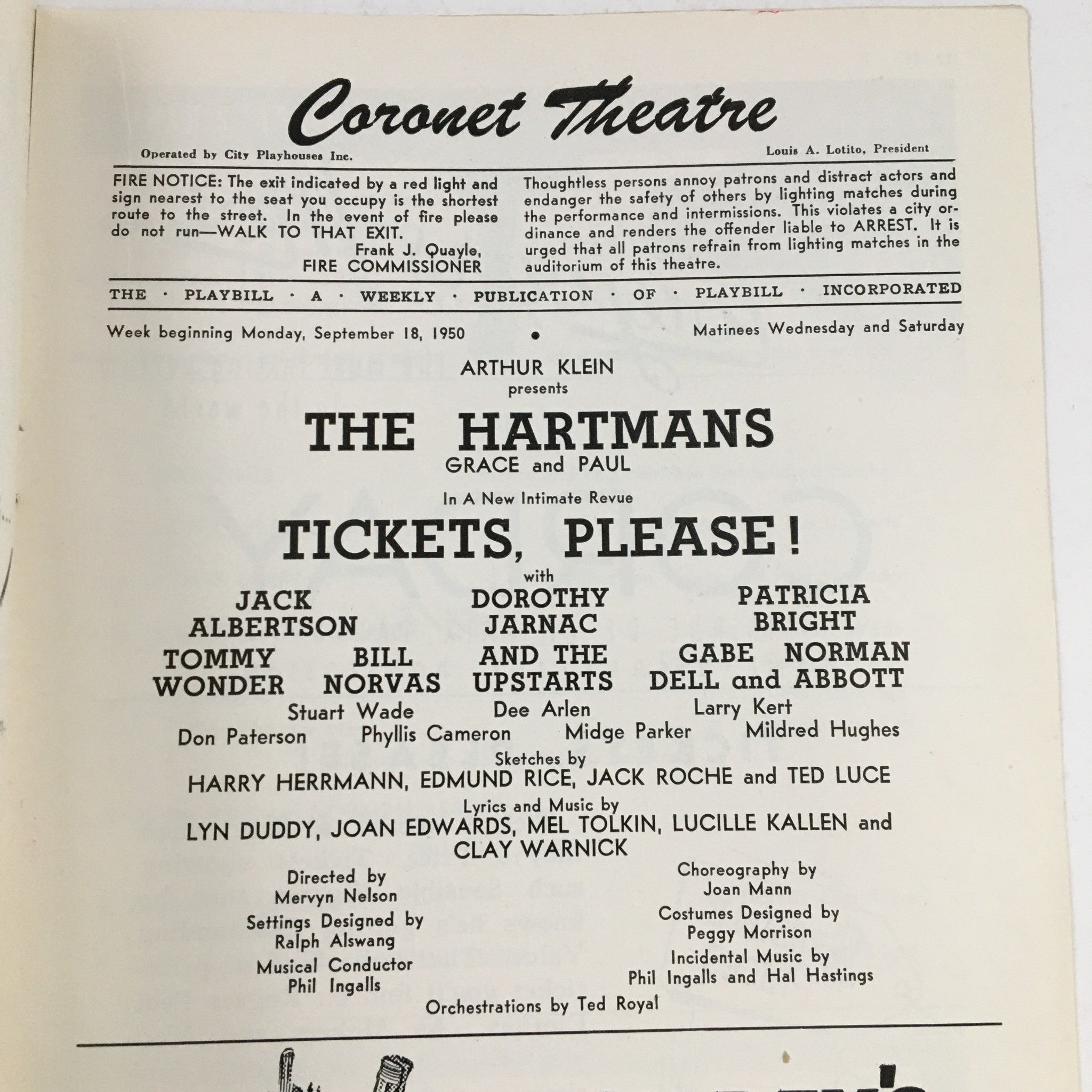 1950 Playbill Coronet Theatre Arthur Klein Presents Tickets, Please!