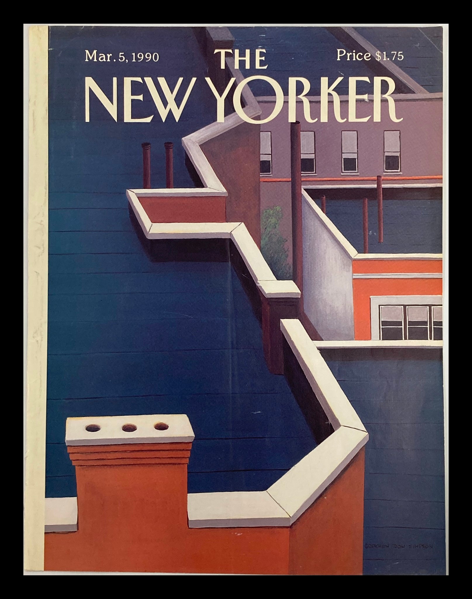 COVER ONLY The New Yorker March 5 1990 Roofdeck Blues by Gretchen Dow Simpson