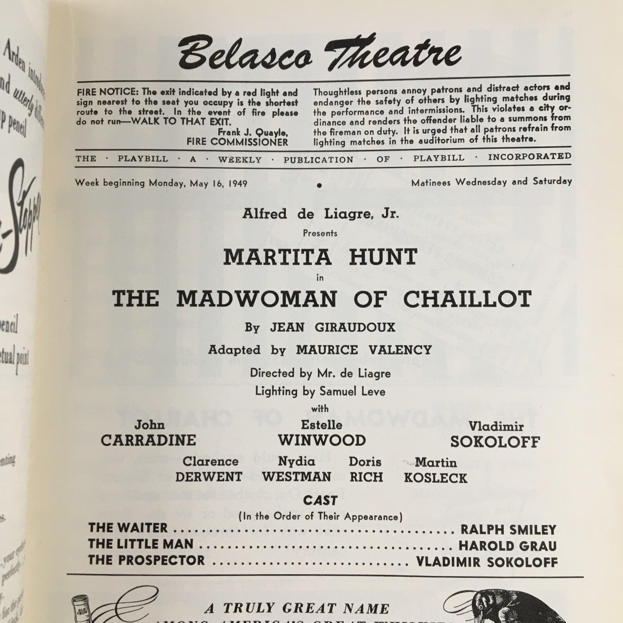 1949 Playbill Belasco Theatre Presents Martha Hunt in The Madwoman of Chaillot