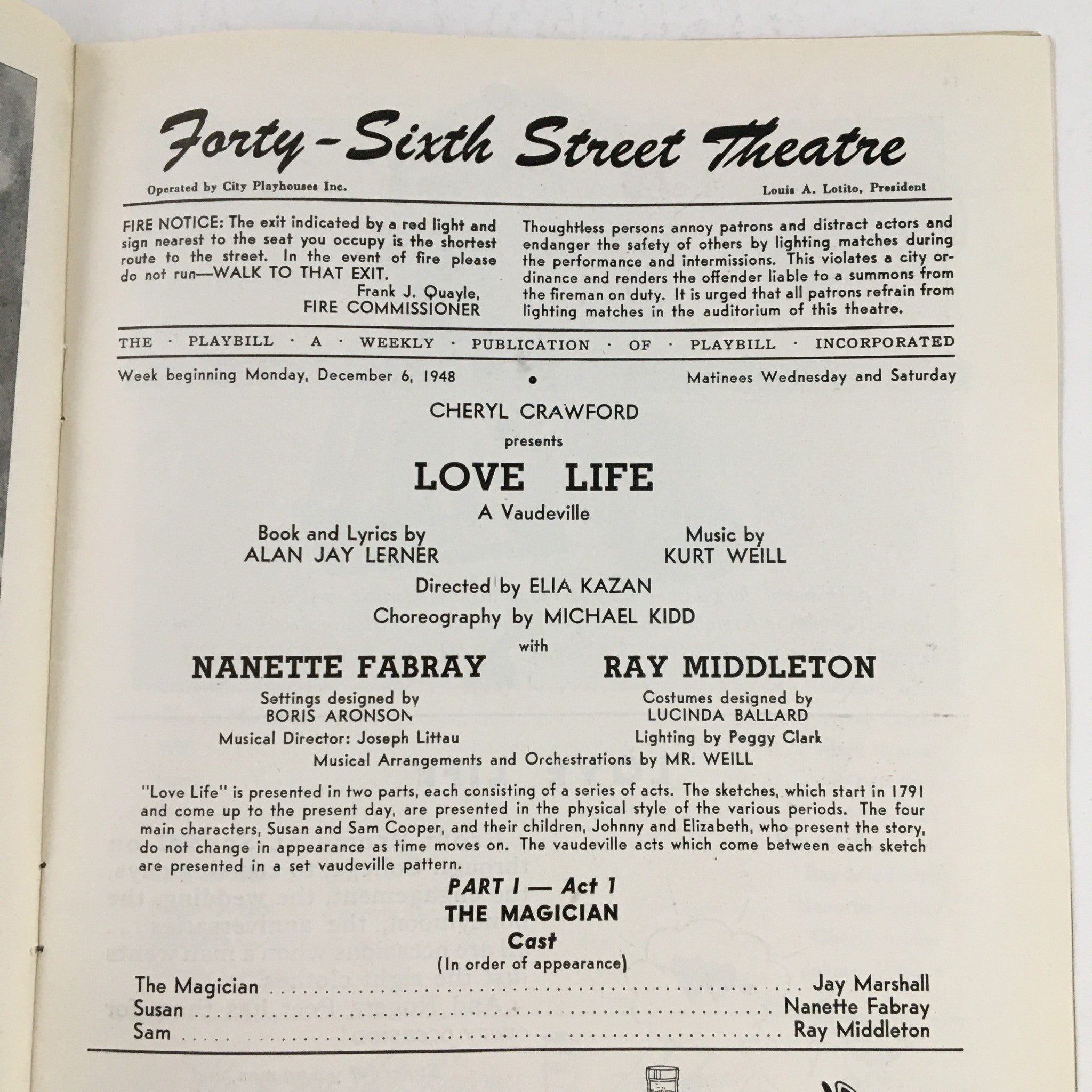 1948 Playbill Forty-Sixth Street Theater Cheryl Crawford Presents Love Life