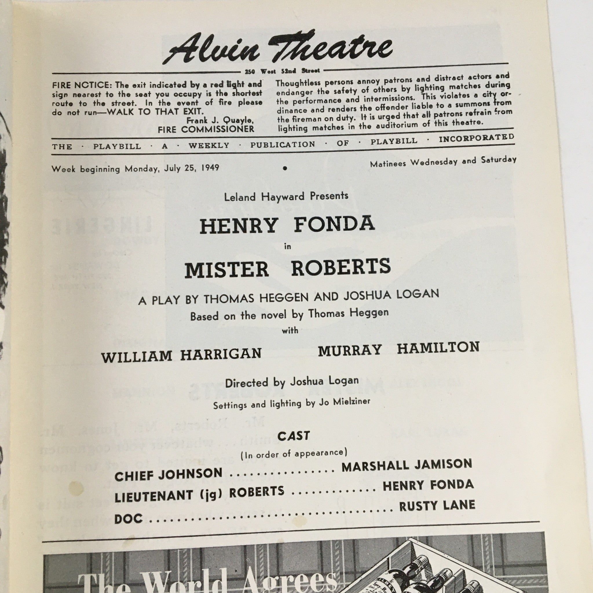 1949 Playbill Alvin Theatre Presents Henry Fonda in Mister Roberts