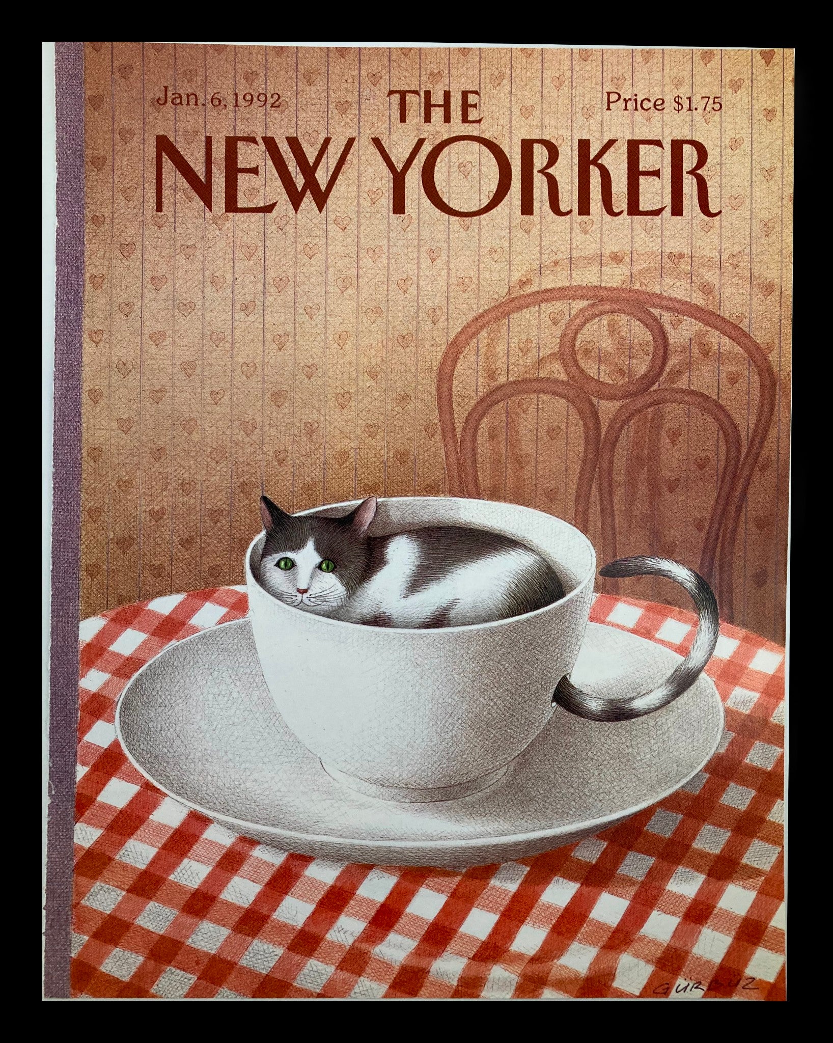 COVER ONLY The New Yorker January 6 1992 Cat in a Cup by Gurbuz Dogan Eksioglu