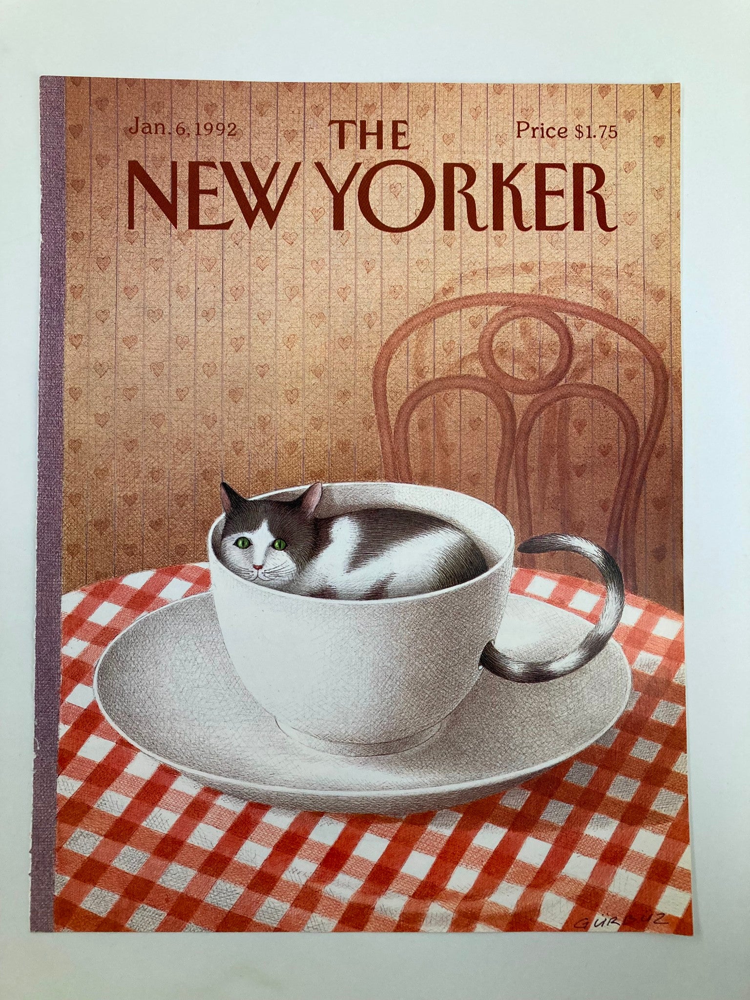 COVER ONLY The New Yorker January 6 1992 Cat in a Cup by Gurbuz Dogan Eksioglu