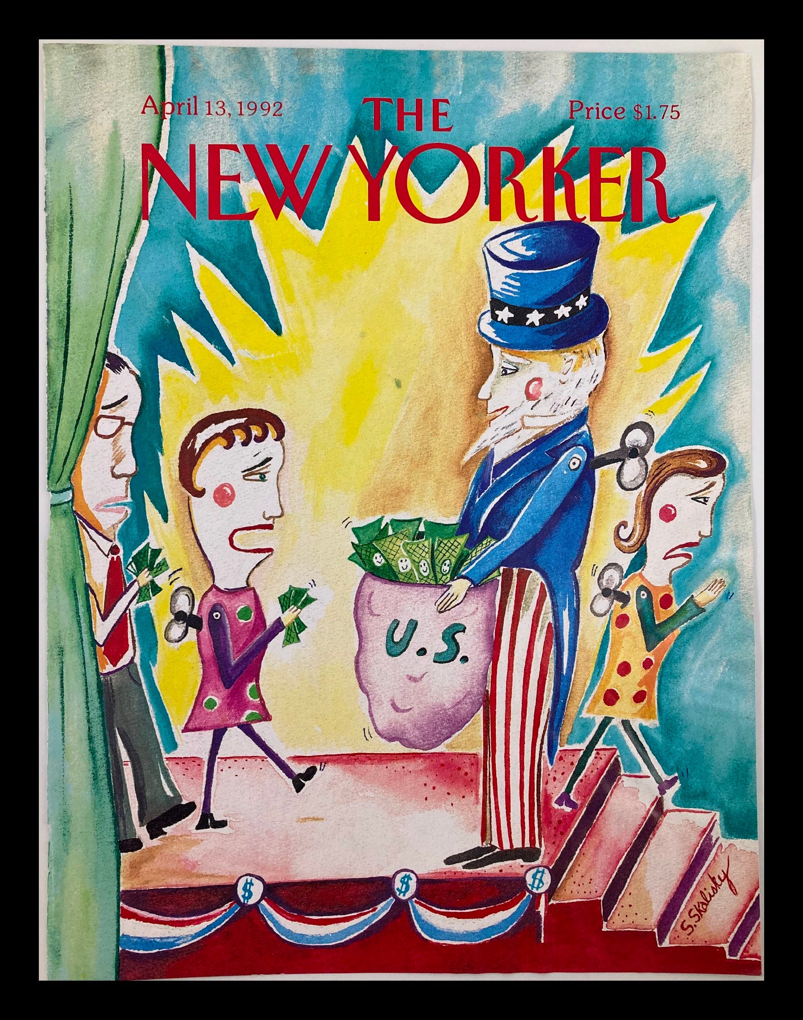 COVER ONLY The New Yorker April 13 1992 Money Donation by Stephanie Skalisky