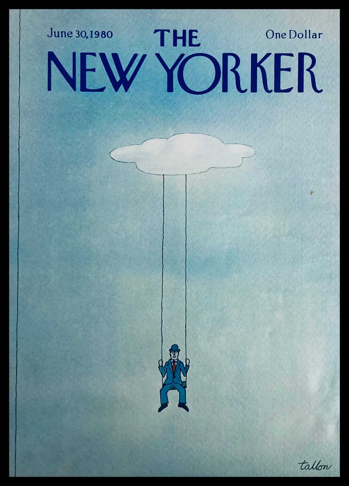 Cover of The New Yorker June 30, 1980 featuring artwork titled 'Cloud Swing' by Robert Tallon, depicting a man in a suit swinging from a cloud against a blue background.