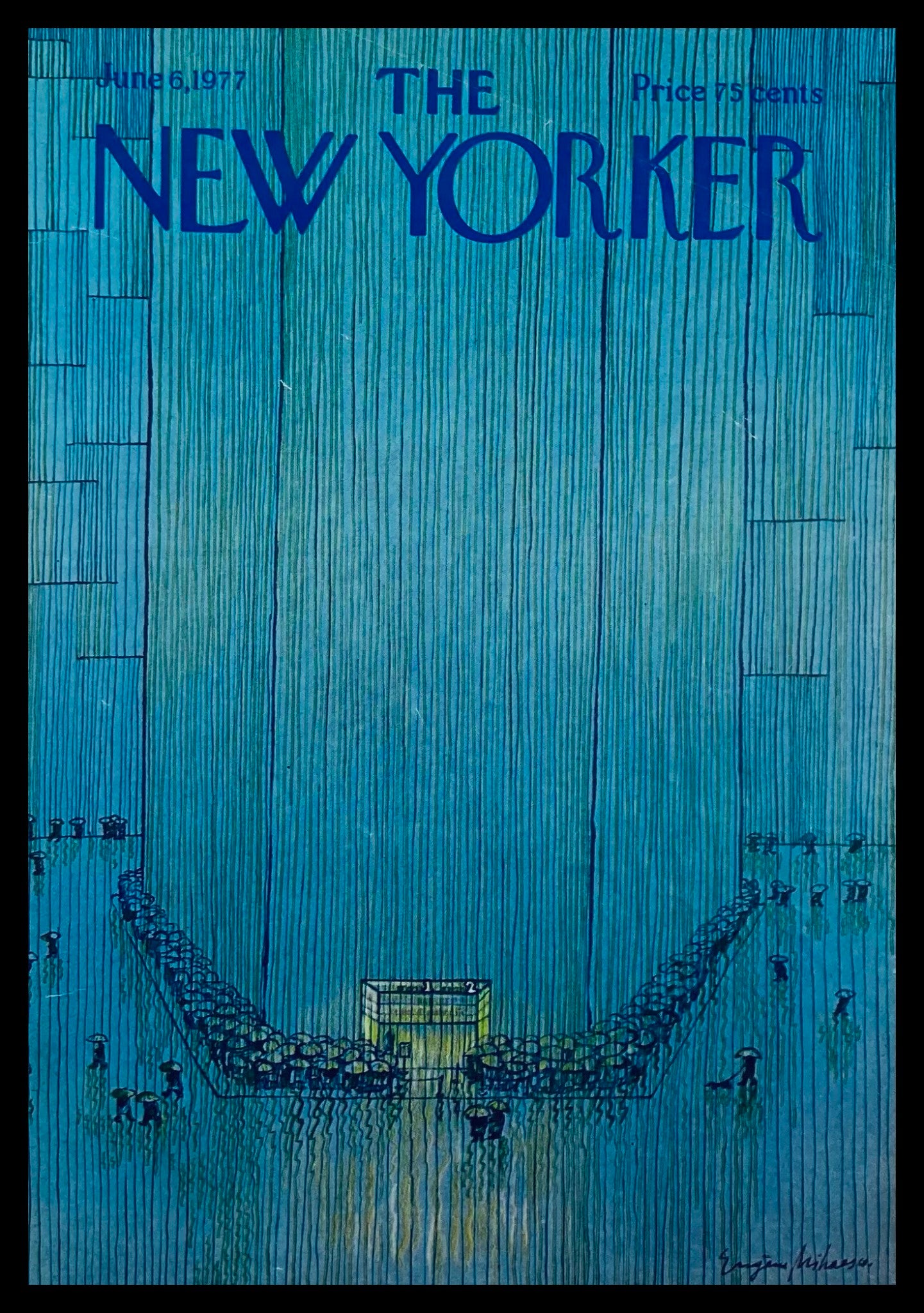 Cover of The New Yorker dated June 6, 1977, featuring the artwork 'Taking Shelter' by Eugene Mihaesco, depicting a blue-toned illustration with figures and a structure.