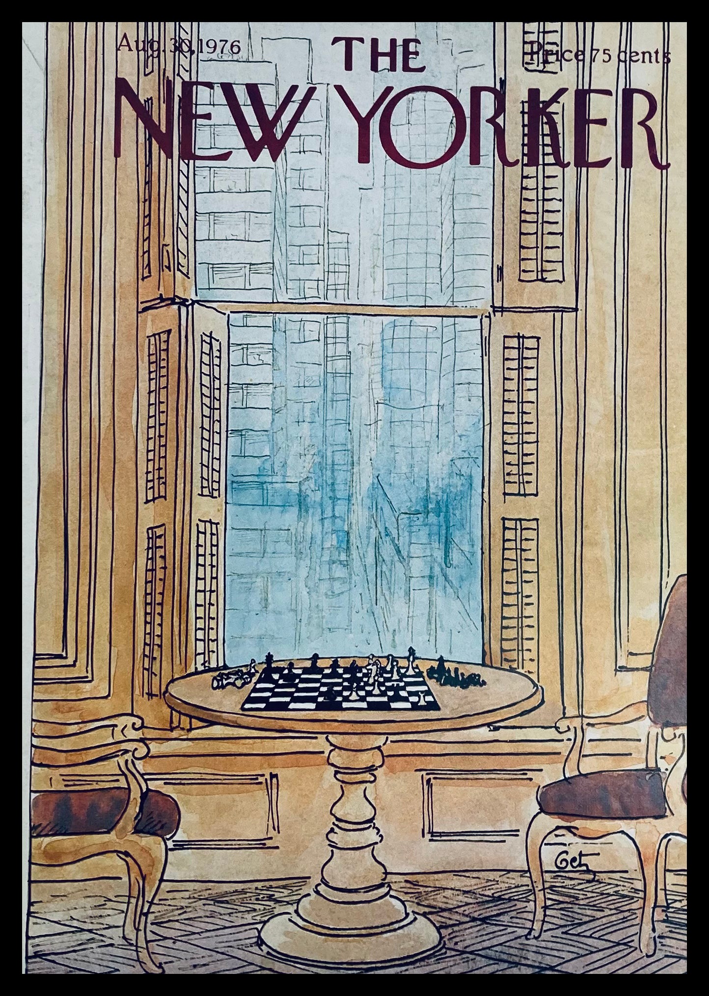 The New Yorker Cover August 30 1976 features a chess scene with a table, chess pieces, and large windows, illustrated by Arthur Getz.