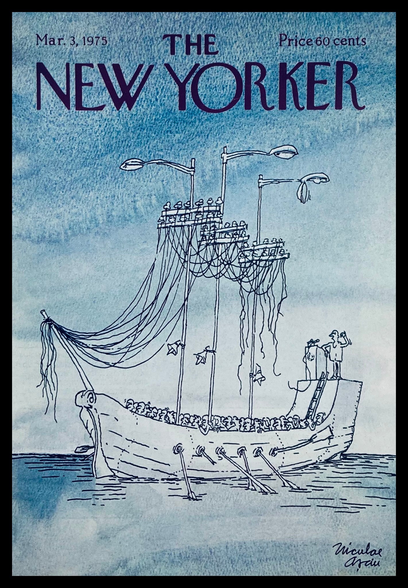 The New Yorker cover from March 3, 1975 titled 'Disabled Ship' by Niculae Asciu, featuring a whimsical illustration of a ship with people on board against a blue watercolor background.