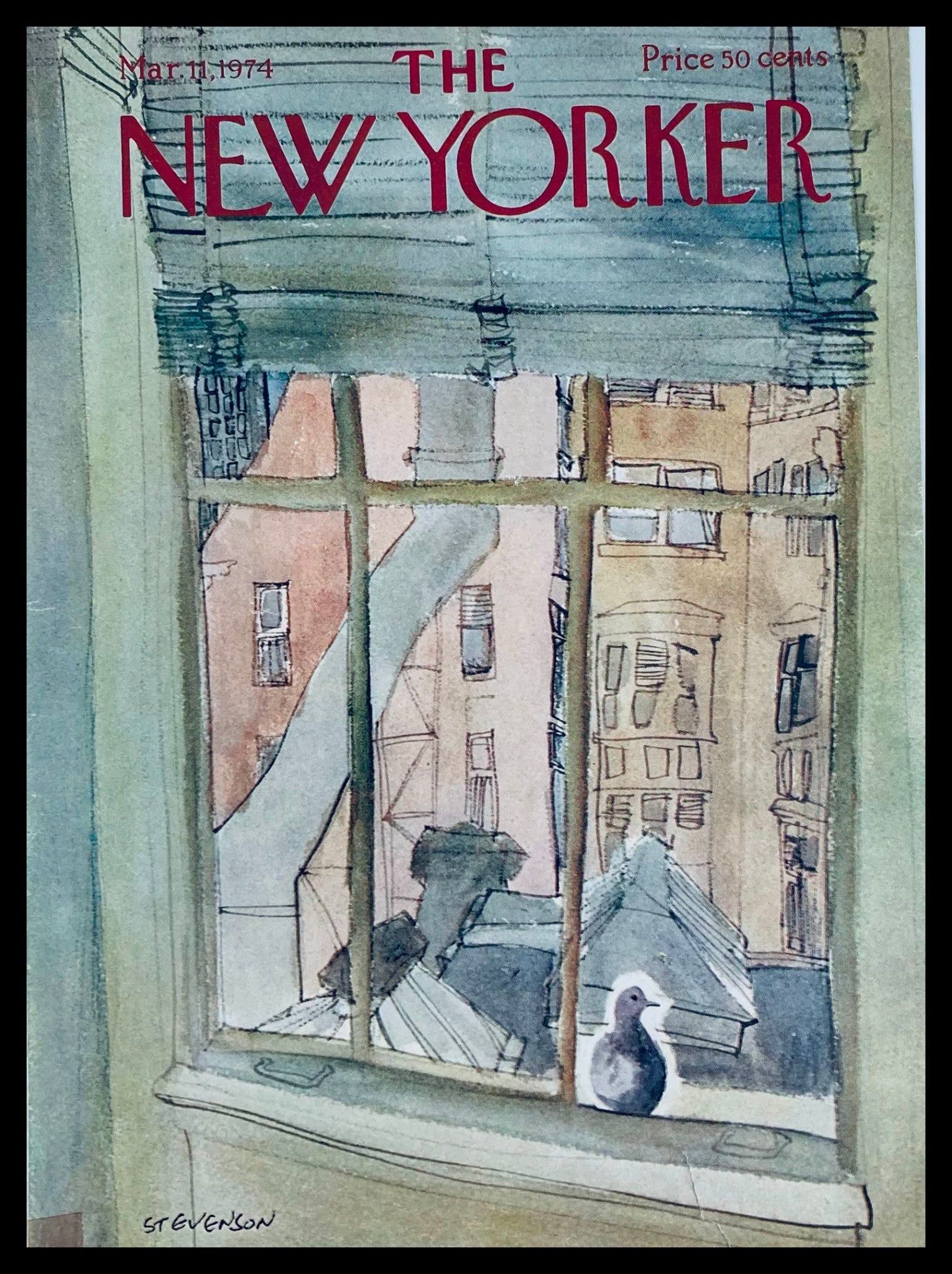 Cover art of The New Yorker magazine dated March 11, 1974, featuring the illustration "Window Bird" by James Stevenson, showcasing a picturesque city view through a window.