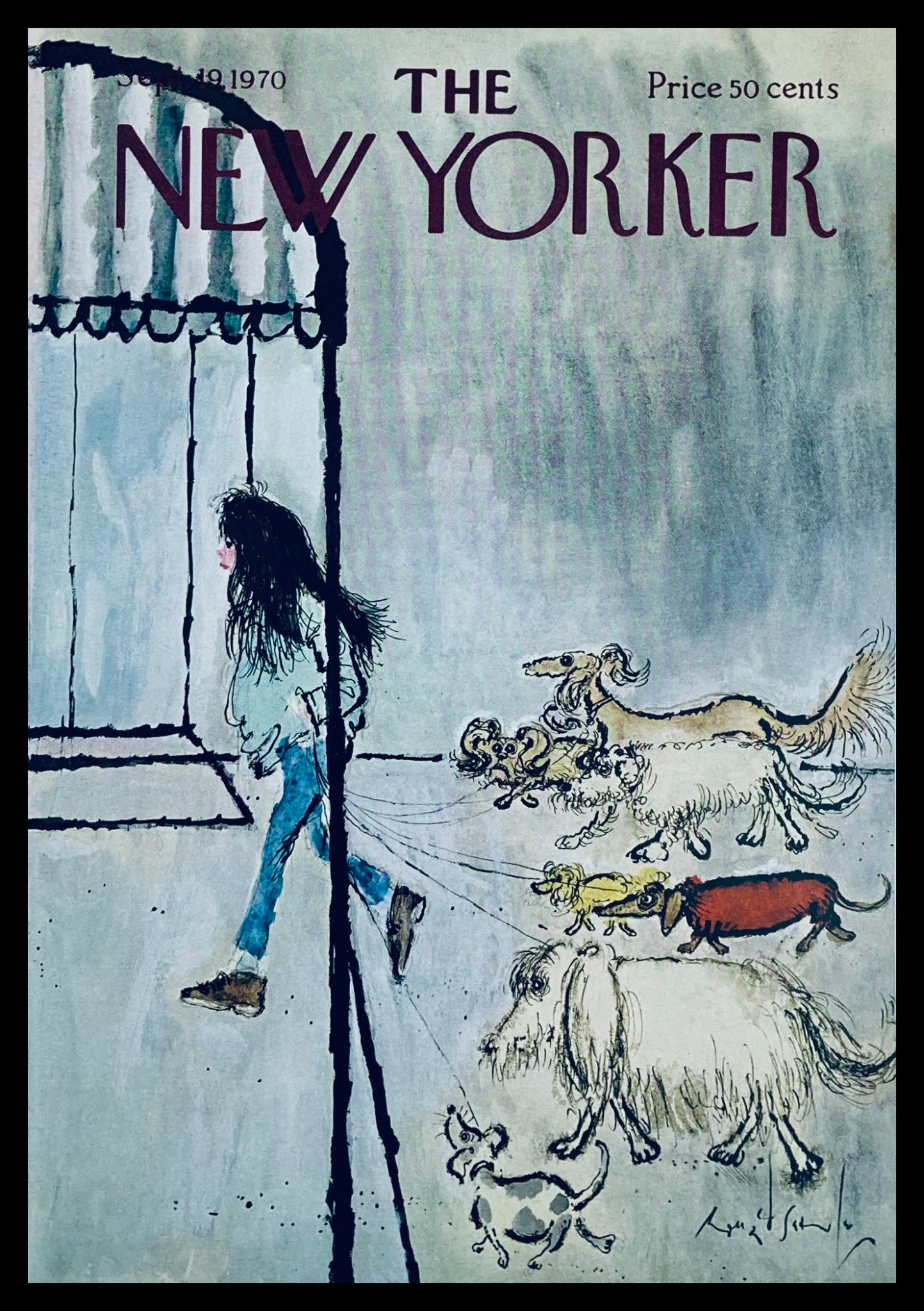 COVER ONLY The New Yorker September 19 1970 Miss Dogwalker by Ronald Searle