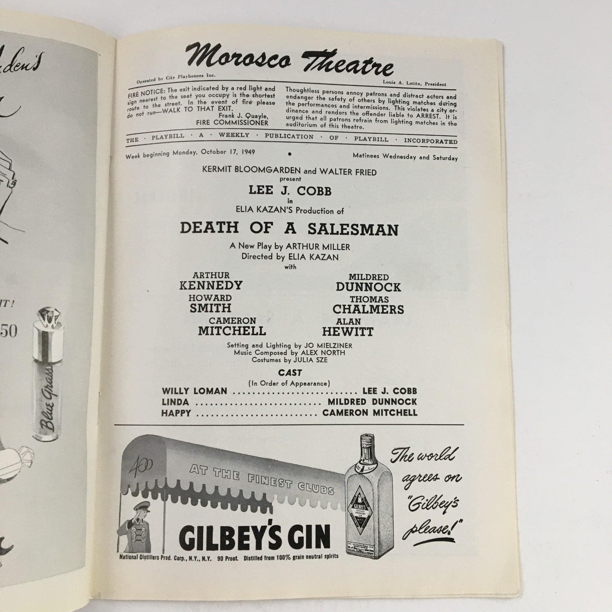 1949 Playbill Morosco Theatre Present Lee J. Cobb in Death of a Salesman