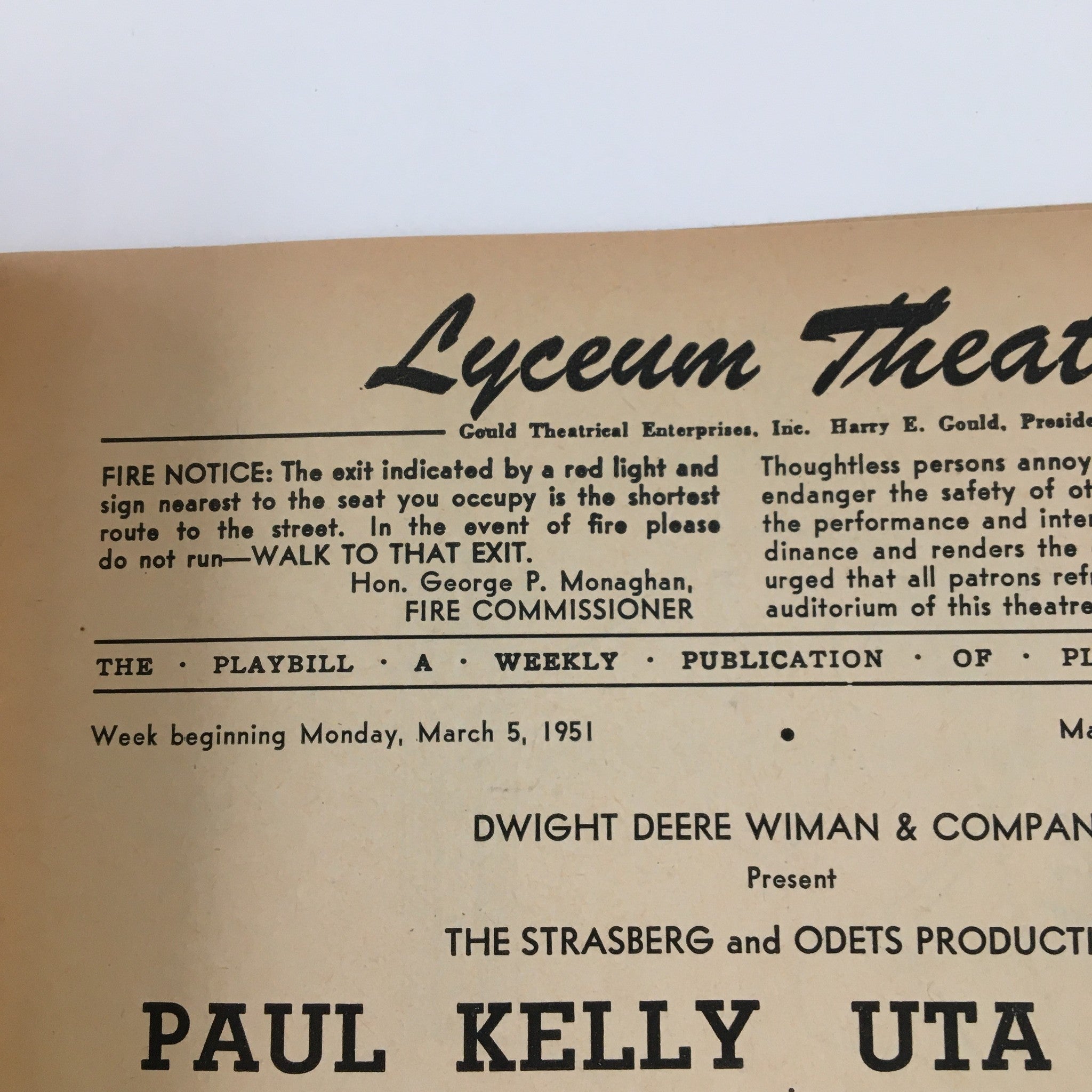 1951 Playbill Lyceum Theatre Present Paul Kelly & Uta Hagen in The Country Girl