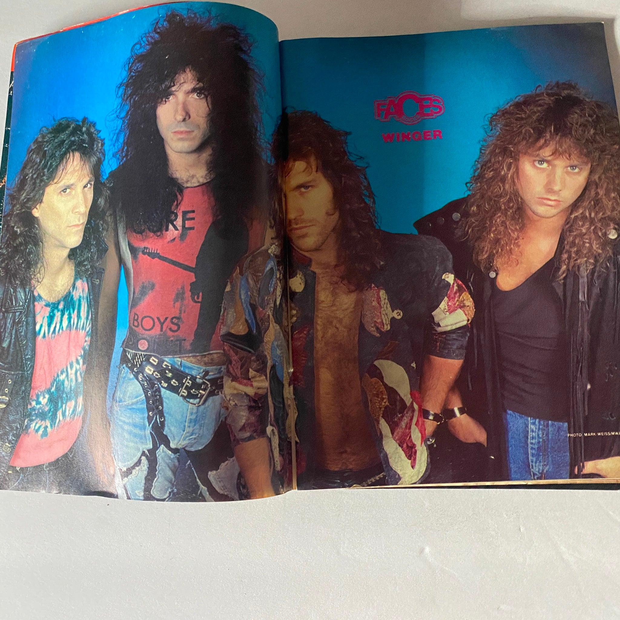 Interior spread of VTG Faces Rocks Magazine June 1989 featuring Winger, capturing the band's distinctive style and 1980s rock culture.