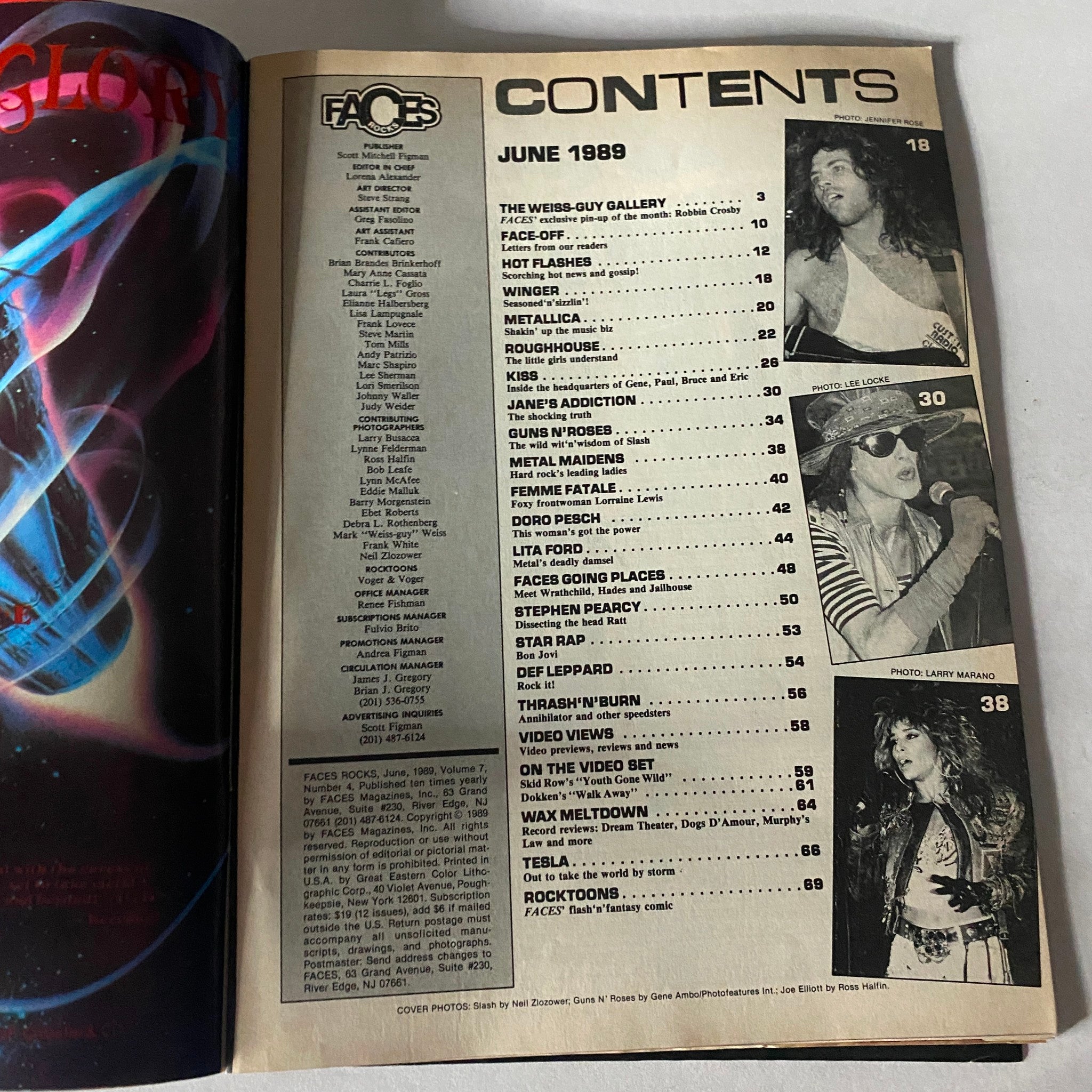Table of contents from VTG Faces Rocks Magazine June 1989, listing featured articles and bands, providing a glimpse into rock history.