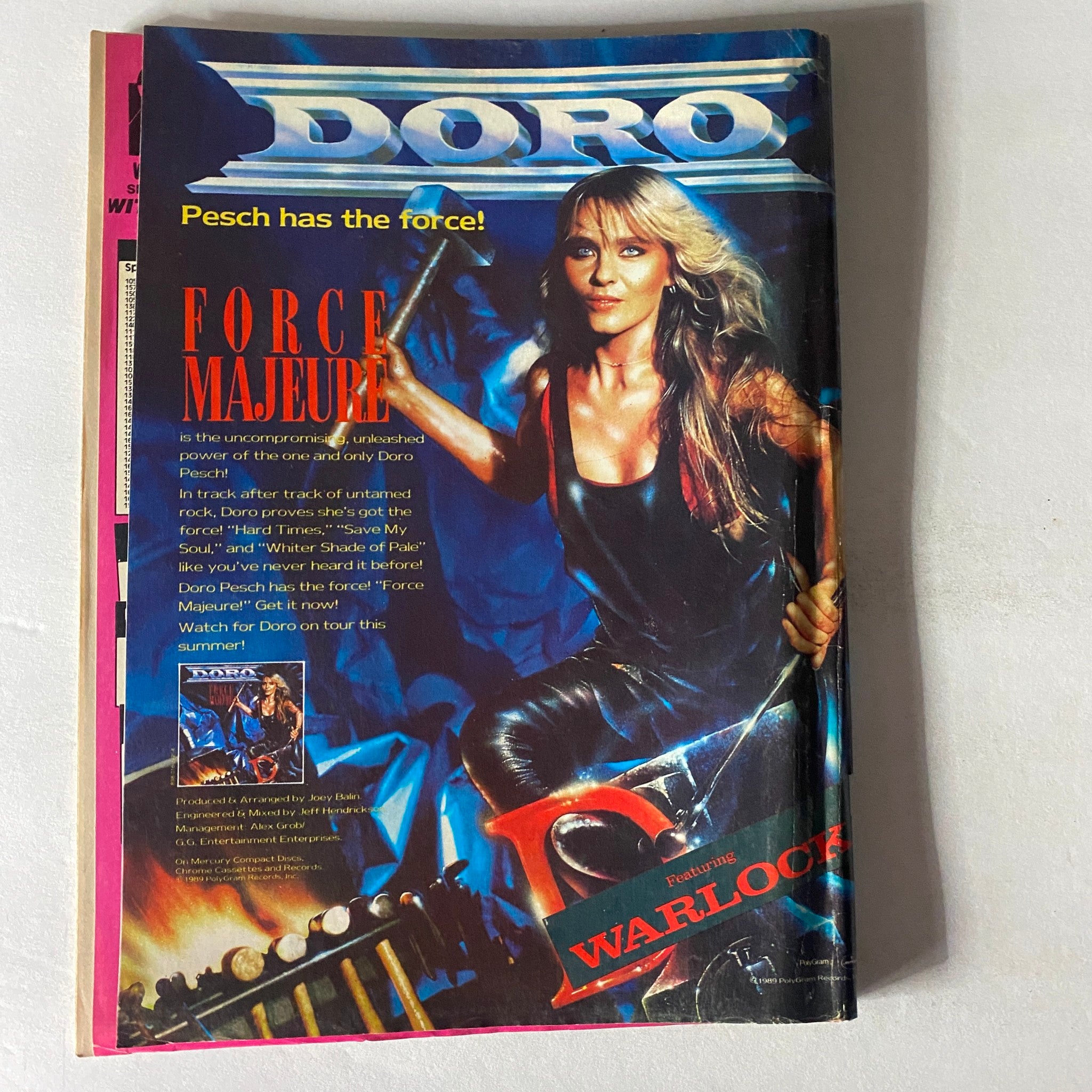 Advertisement page from VTG Faces Rocks Magazine June 1989 featuring Doro Pesch, promoting her album 'Force Majure' with vibrant visuals.